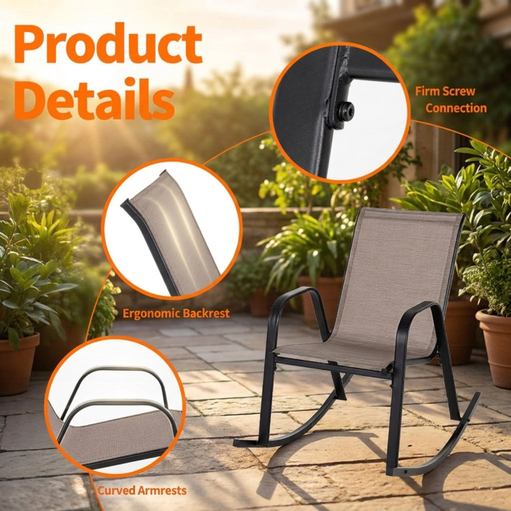 Biotree Set of 2 Heavy-Duty Metal Patio Rocking Chair with Breathable Seat Fabric Stackable Patio Chair for Garden BackyardBrown