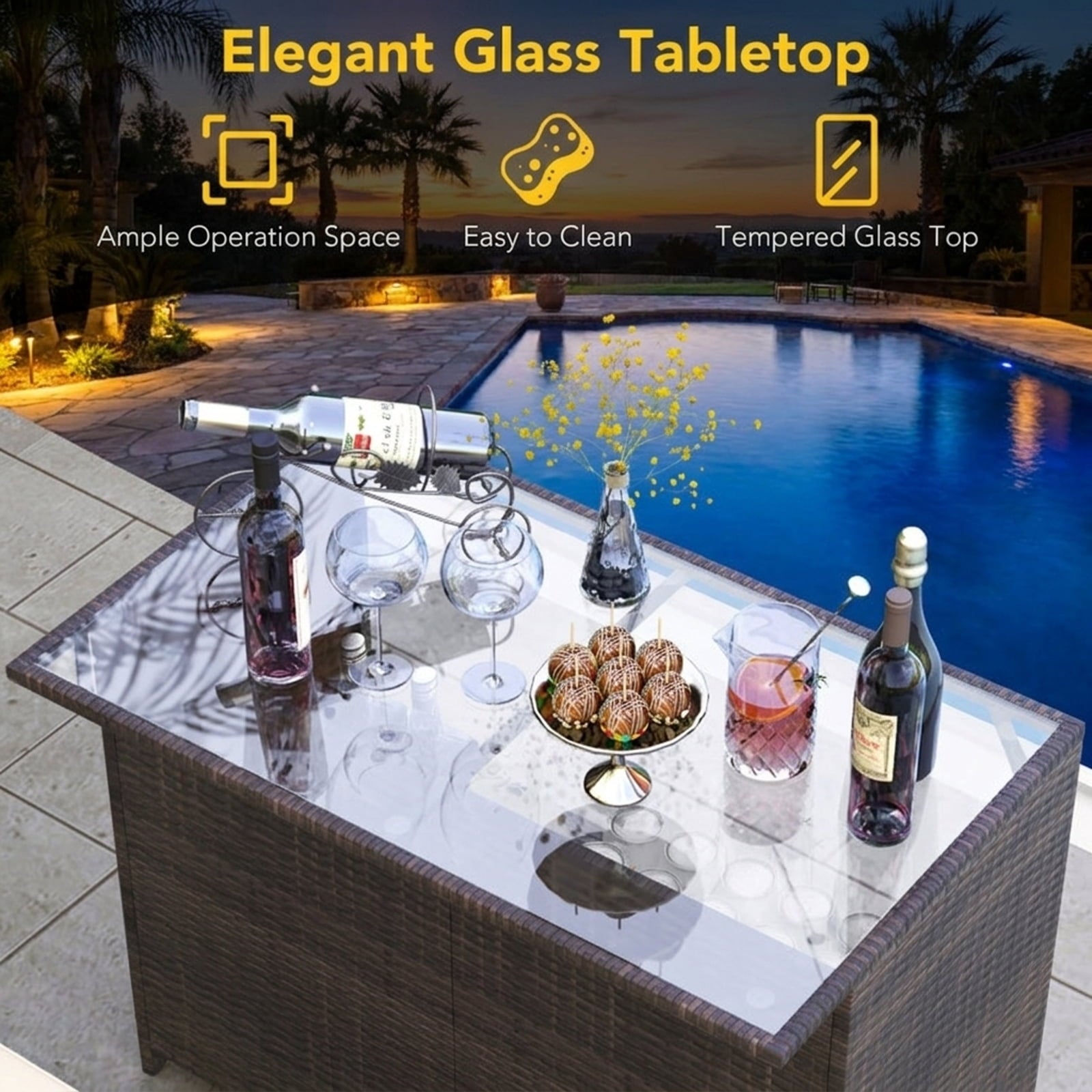 Biotree 3-Piece Patio Rattan Bar Set with Glass Table and Cushioned Stools, White - Outdoor Patio Bar Height Furniture Set for Deck Garden