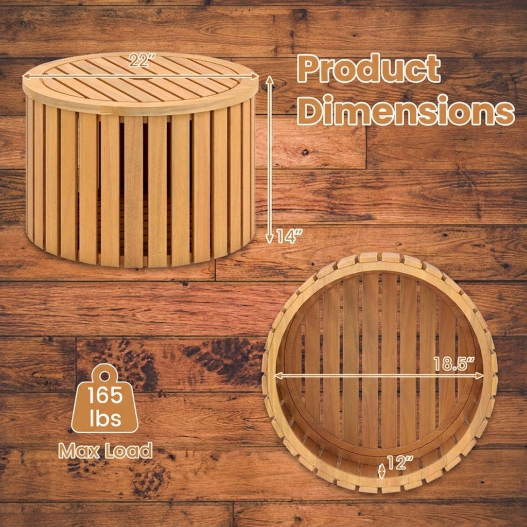 Biotree 2-in-1 Outdoor Side Table with Storage Acacia Wood Slatted Coffee Table Round Slatted End Storage Box with 2.3" Umbrella Hole, Natural