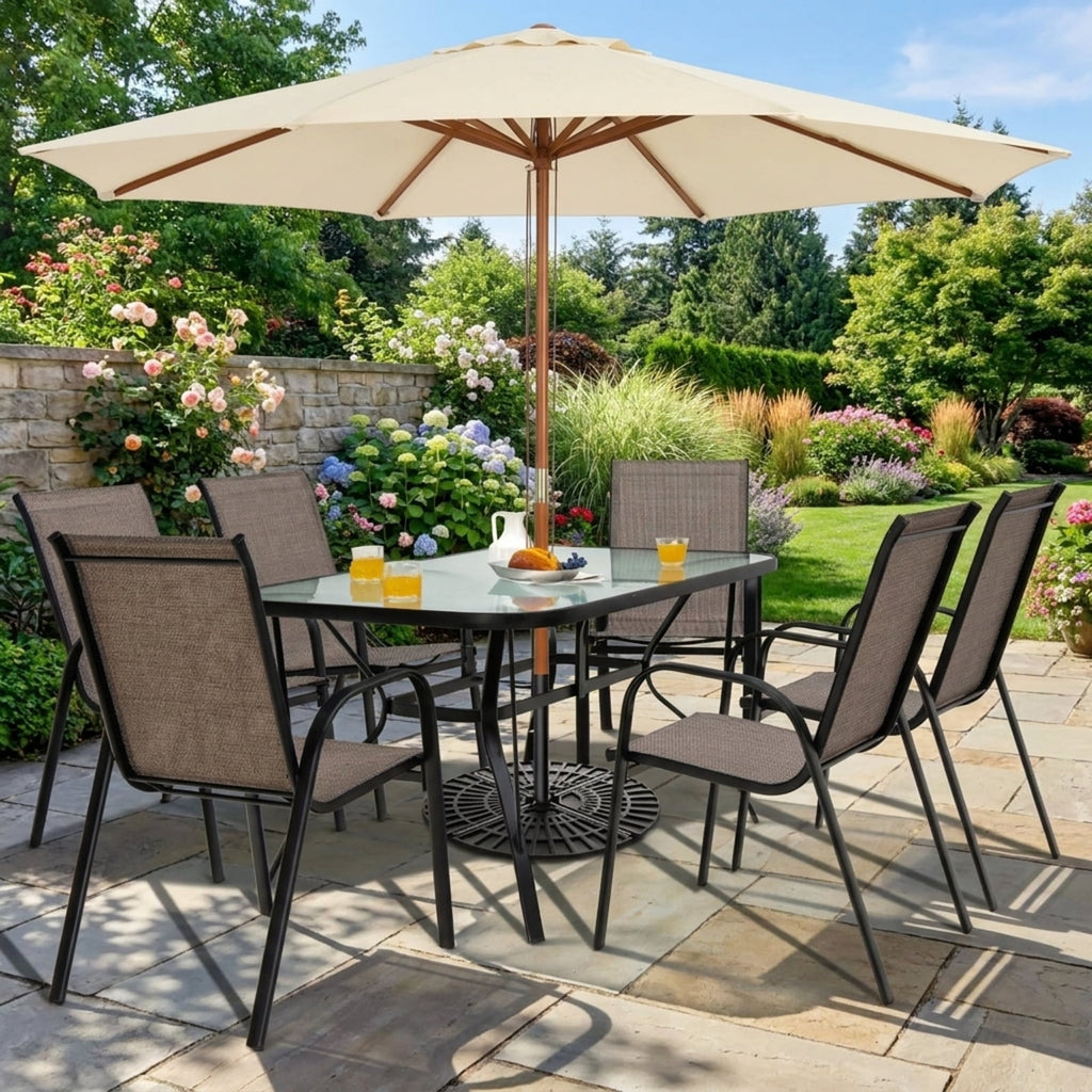 Biotree 6 Pieces Patio Stackable Dining Chairs with Curved Armrests and Breathable Fabric Stackable Patio Chair for Garden BackyardBrown
