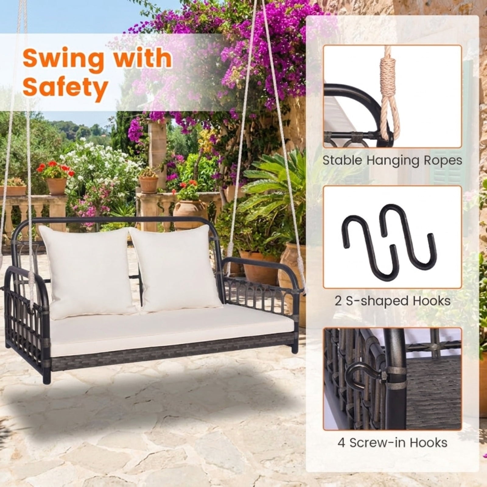 Biotree 2-Person Outdoor Hanging Chair with Ropes for Patio Porch Garden Backyard Outdoor, Gray