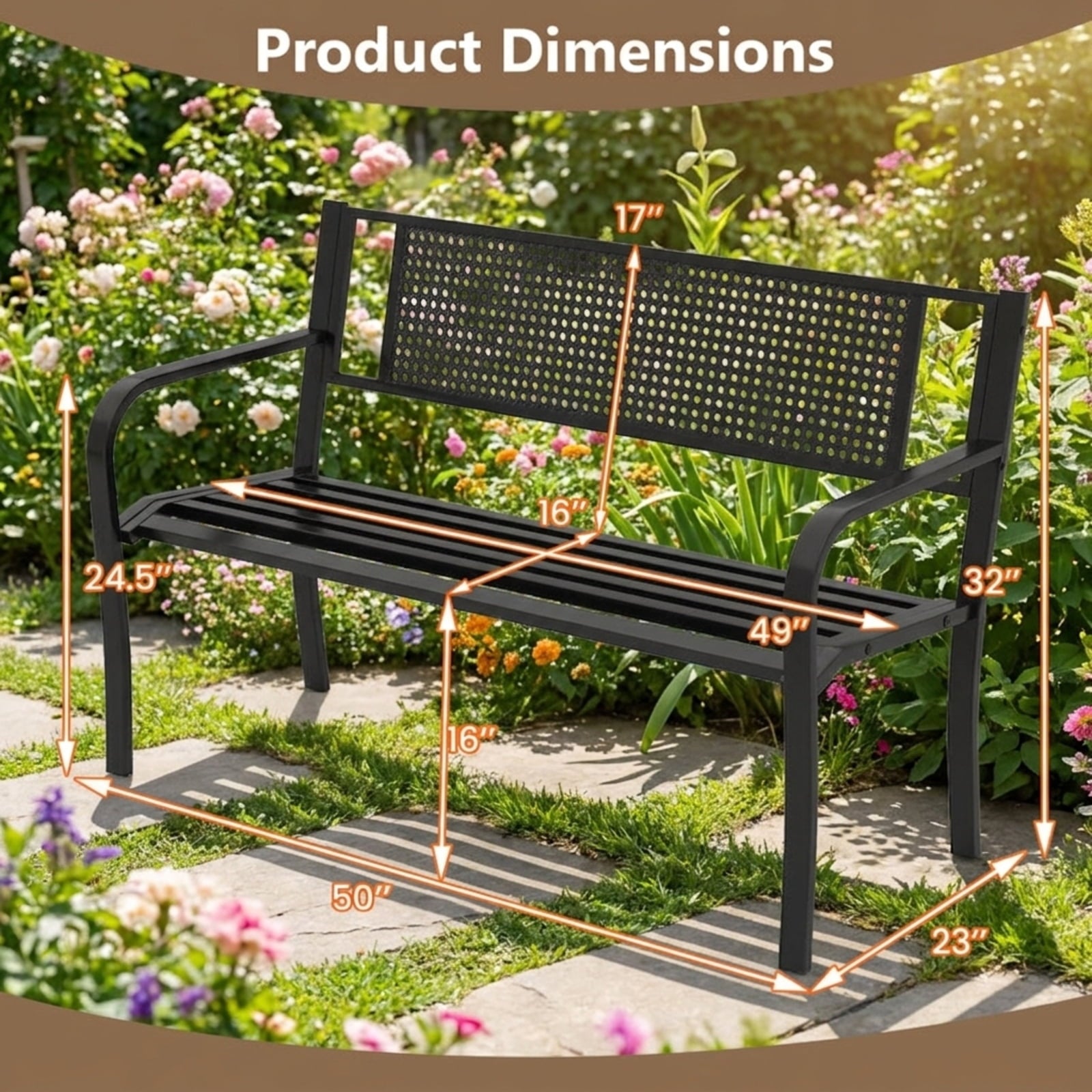 Biotree 50 Inches Garden Bench with Patterned Backrest and Curved Armrests Stackable Patio Chair for Garden BackyardBlack