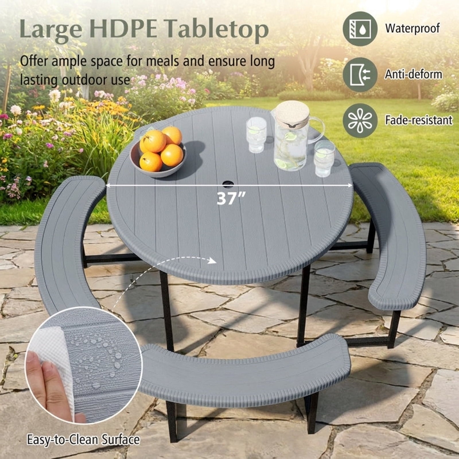 Biotree 62-Inch Round Picnic Table Bench Set with 4 Benches and Umbrella Hole for Patio Lawn, Gray