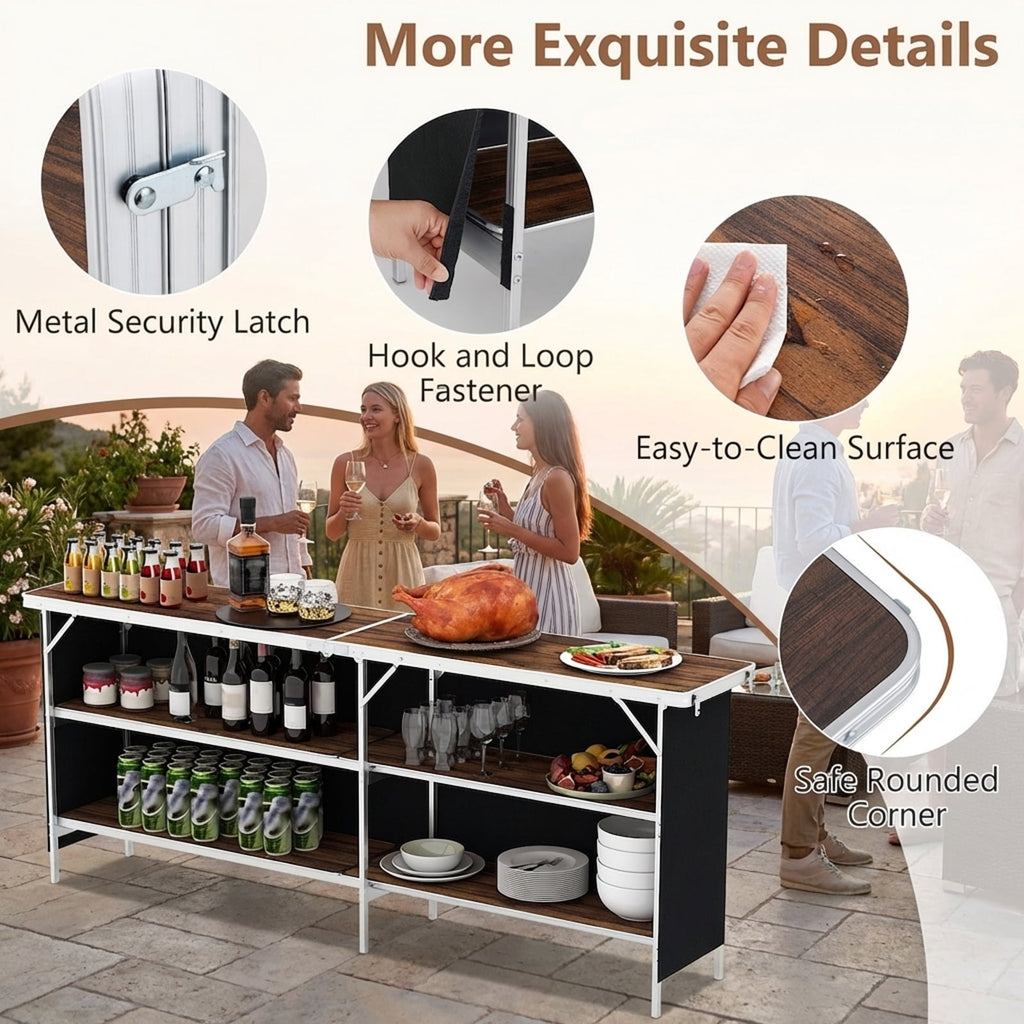 Biotree Aluminum Portable Picnic Table with 2-Tier Open Shelves and Spacious Tabletop Folding Camping Table for Outdoor, Brown