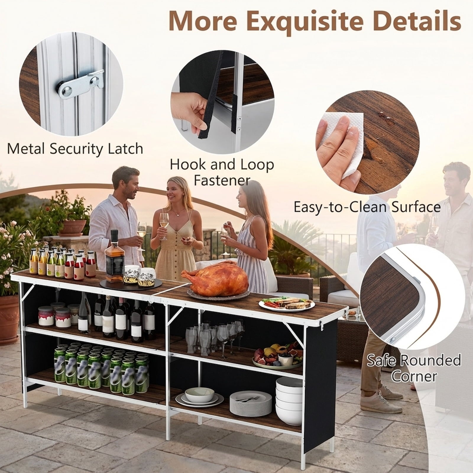 Biotree Aluminum Portable Picnic Table with 2-Tier Open Shelves and Spacious Tabletop Folding Camping Table for Outdoor, Brown