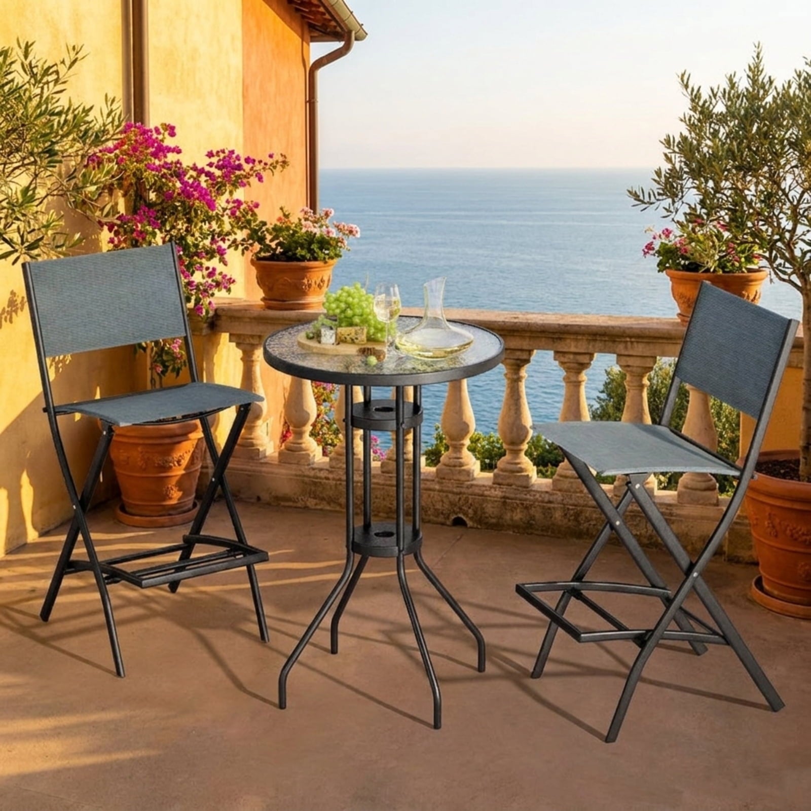 Biotree Folding Bar Stools Set of 2 Backrest Humanized Footrest for Patio Porch Garden Backyard Outdoor, Blue