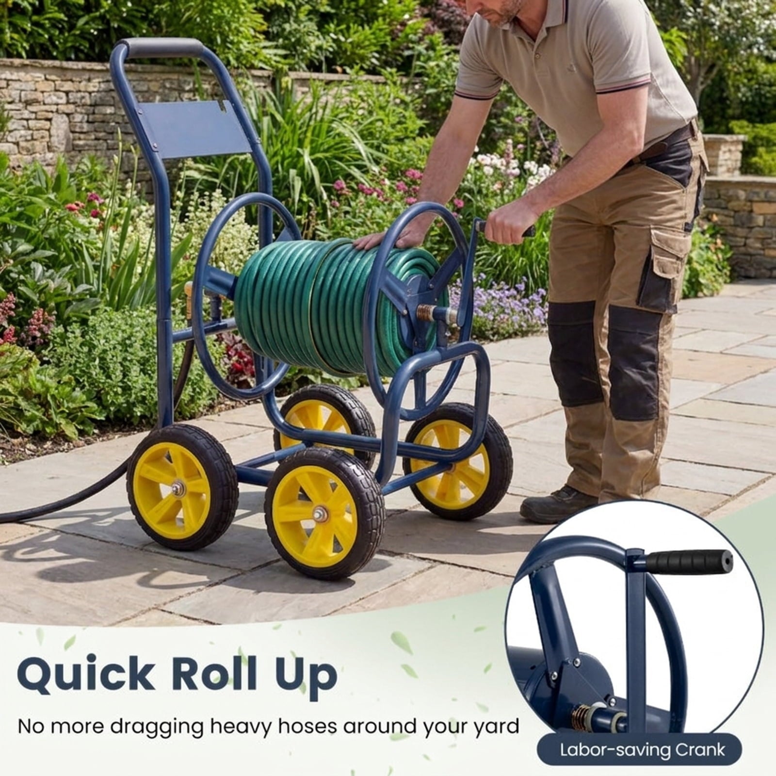 Biotree Garden Hose Reel Cart 4 Wheels Heavy-Duty Metal Water Hose Organizer Portable for Garden Yard Lawn Watering Outdoor, Blue