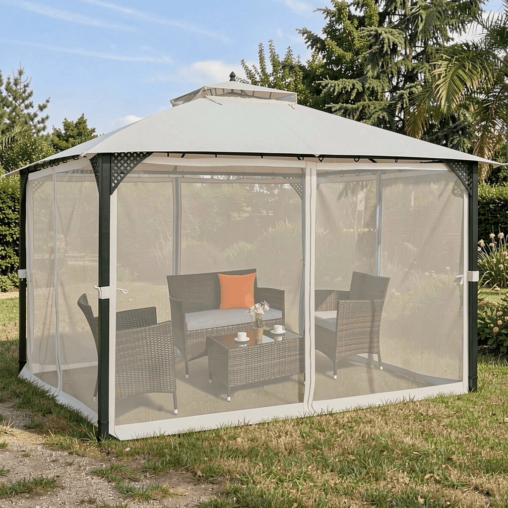 Biotree 12 x 10 Feet Outdoor Double Top Patio Gazebo Beige - Outdoor Patio Backyard Garden Shade Canopy Shelter
