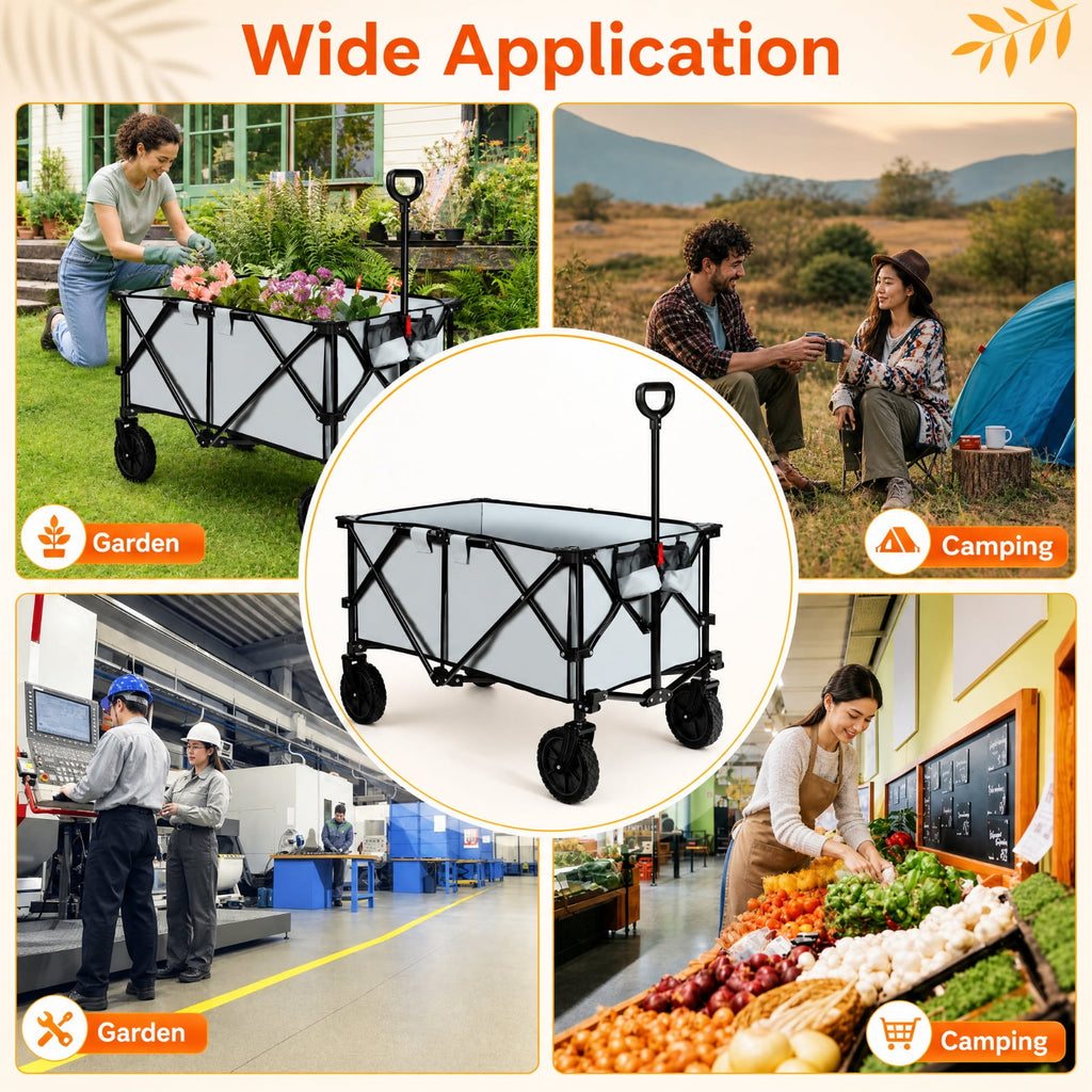 Biotree Collapsible Garden Wagon with 180 lb Capacity, Adjustable Handle, All-Terrain Wheels and Carry Bag for Camping and Shopping, Gray