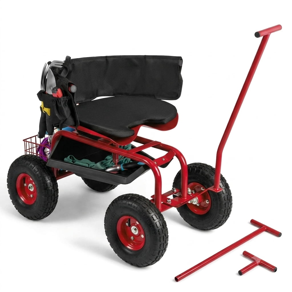 Biotree 330lbs Rolling Garden Cart with Height Adjustable 360¡ãSwivel Seat, Garden Scooter with Storage Basket, Sit Down Garden Cart with Tool Tray for Weeding Planting Gardening Red
