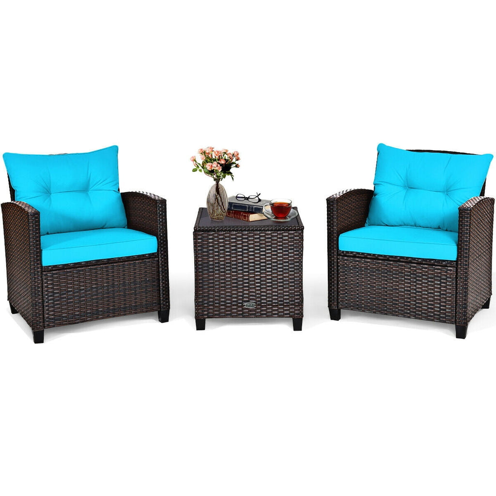 Biotree 3-Piece Patio Rattan Conversation Set with Table-Turquoise