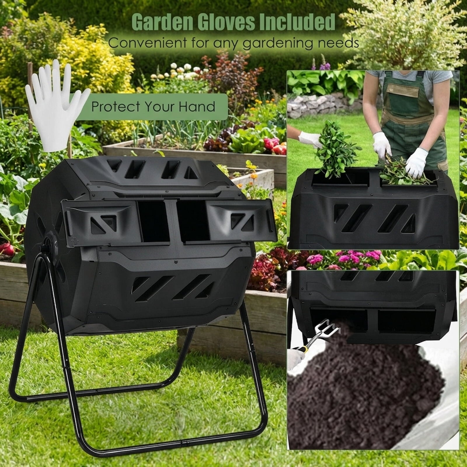 Biotree 43 Gallon Composting Tumbler Compost Bin with Dual Rotating Chamber Outdoor Garden Organic Yard