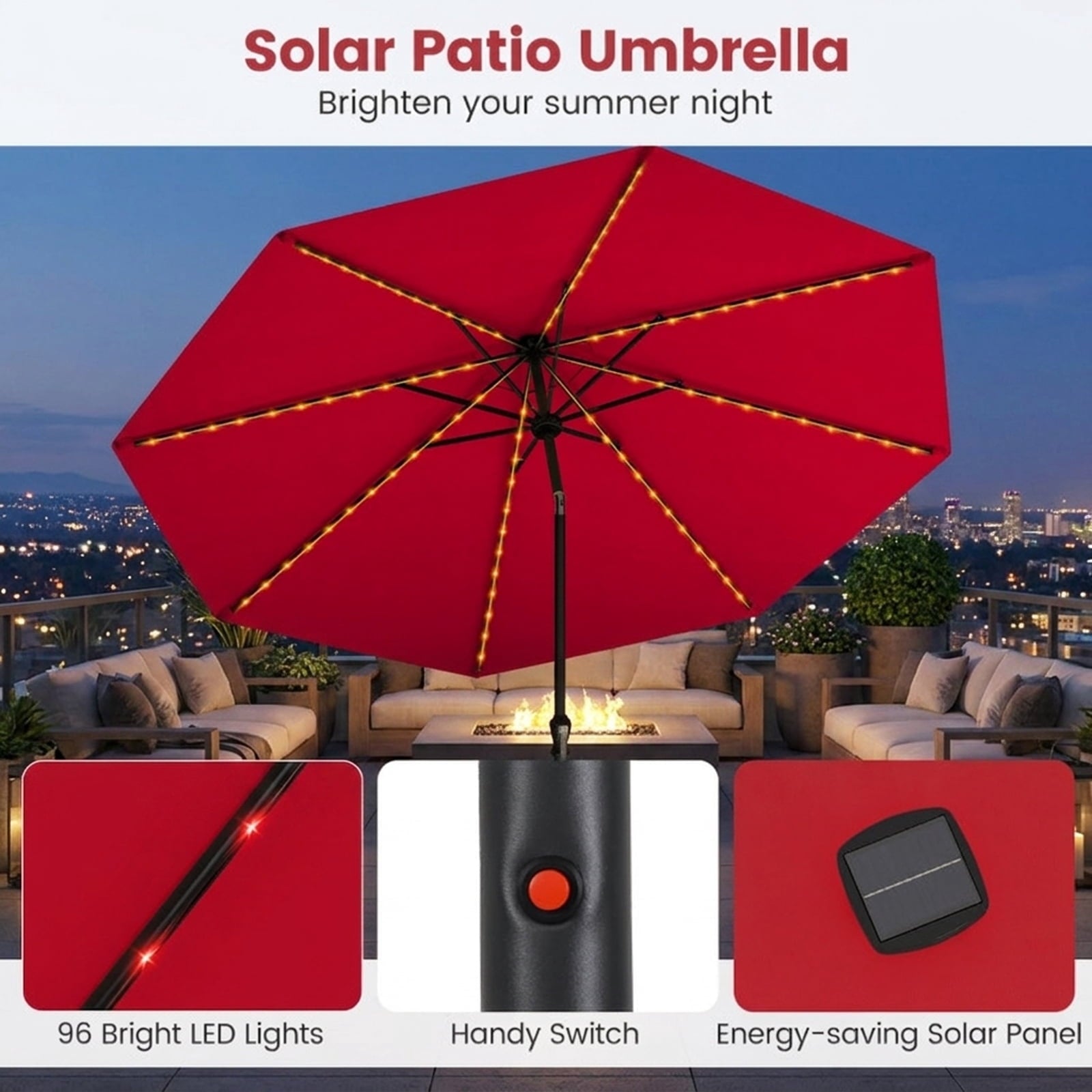 Biotree 10 ft Market Patio Umbrella with Crank and Tilt, 8 Sturdy Ribs, Vented Canopy - Red for Backyard