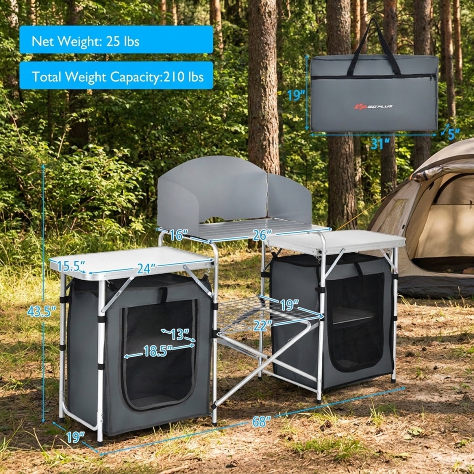 Biotree Folding Camping Table with Storage Organizer, Gray