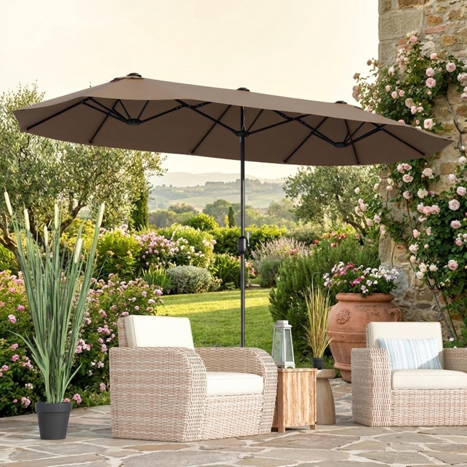 Biotree 13FT Double-sided Patio Twin Table Umbrella with Crank Handle-Tan Brown - Outdoor Patio Garden Sun Shade