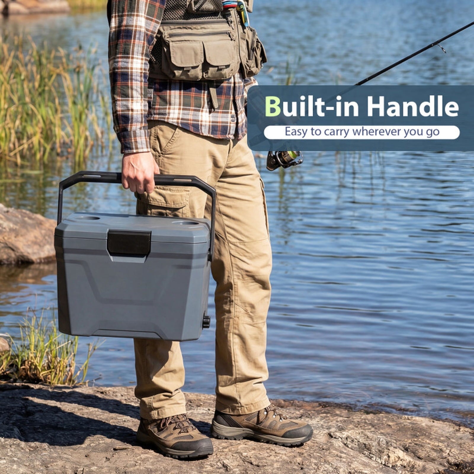 Biotree 21 Qt Insulated Portable Cooler Hard Shell Ice Chest with 2 Cup Holders, Gray