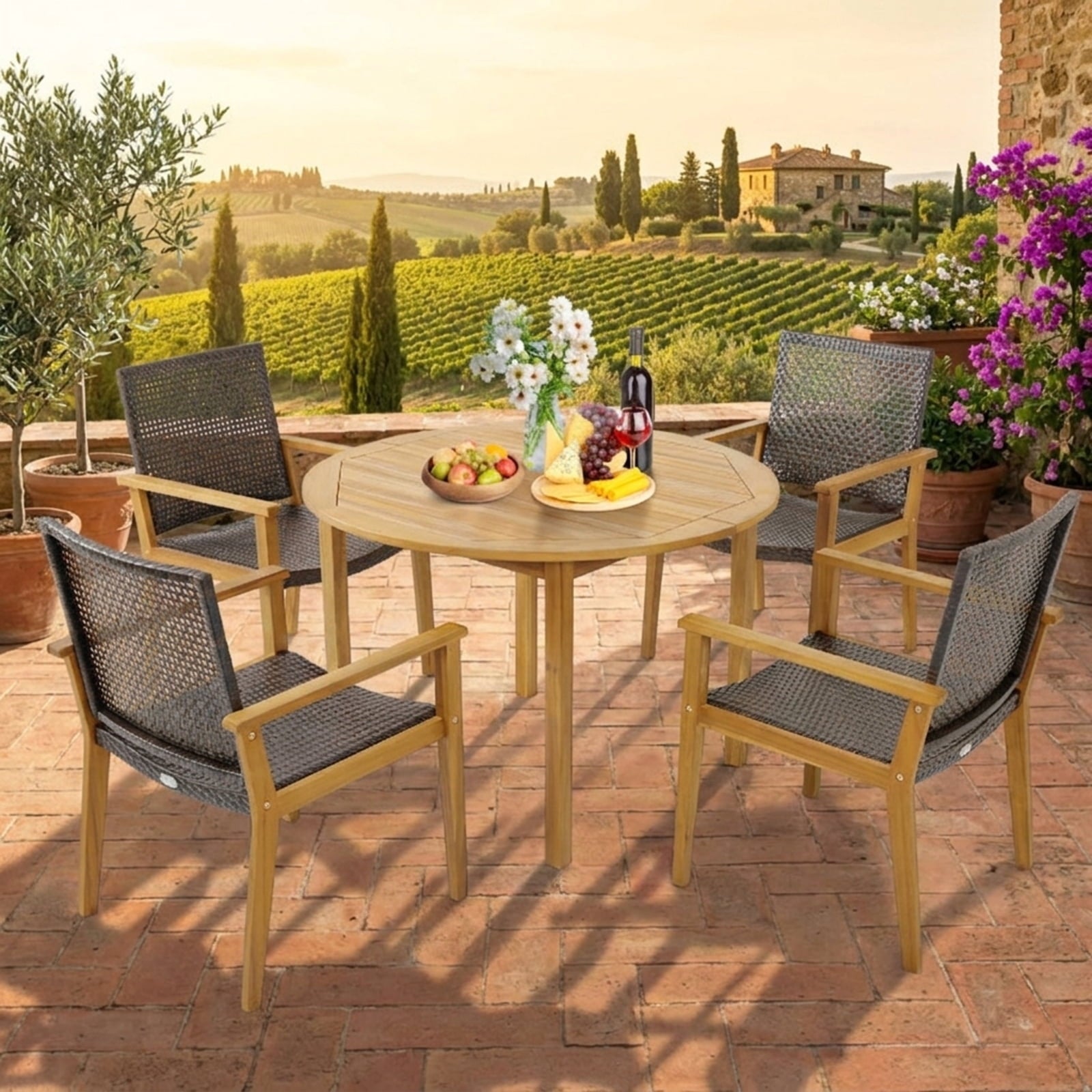 Biotree Set of 4 Outdoor Rattan Chair with Sturdy Acacia Wood Frame-Set of 4 Stackable Patio Chair for Garden BackyardMix Brown