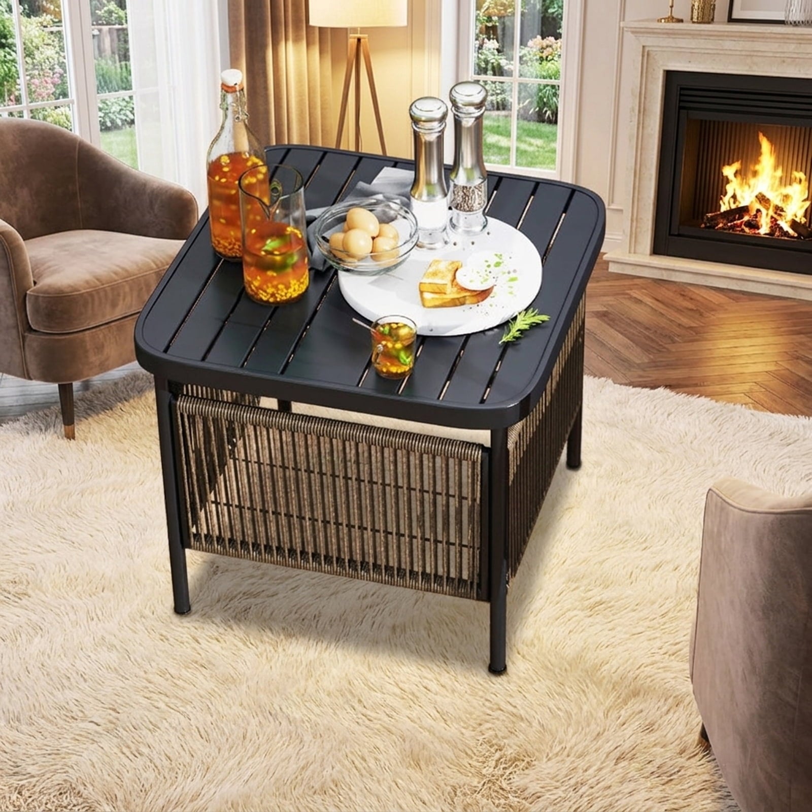 Biotree Outdoor Side Table with Umbrella Hole and Storage Shelf, Black