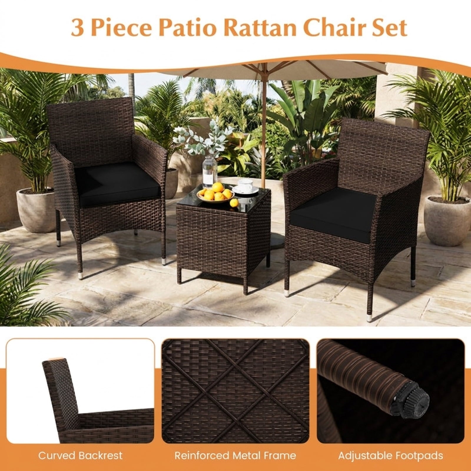 Biotree 3 Pieces Outdoor Conversation Set with Cushioned Seat and Glass Tabletop Outdoor Conversation Set for Garden Backyard PorchBlack