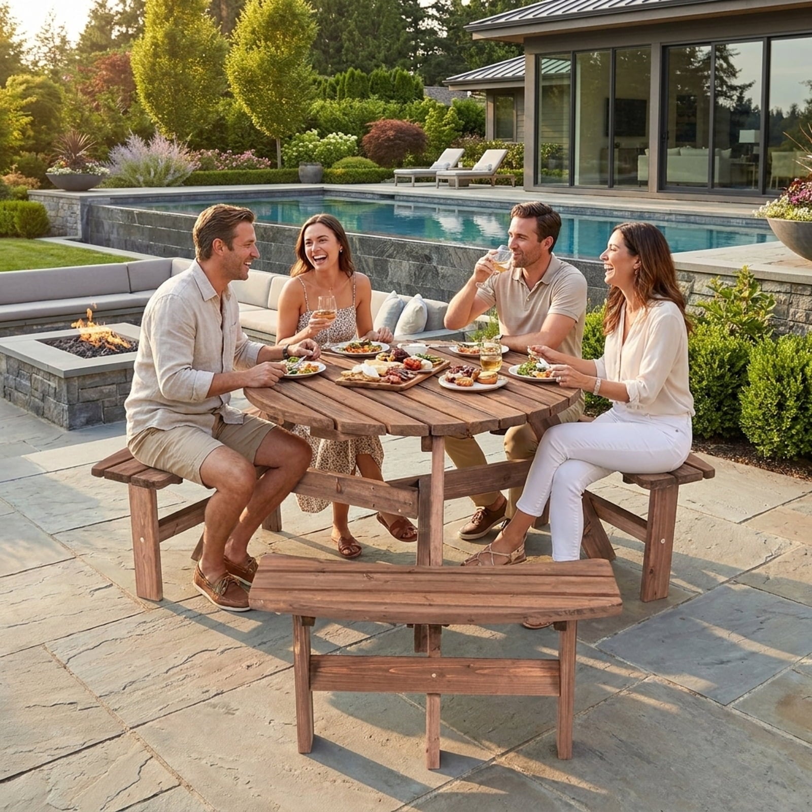 Biotree 66.9-Inch 6 Person Wooden Picnic Table Set with Bench and Umbrella Hold, Black
