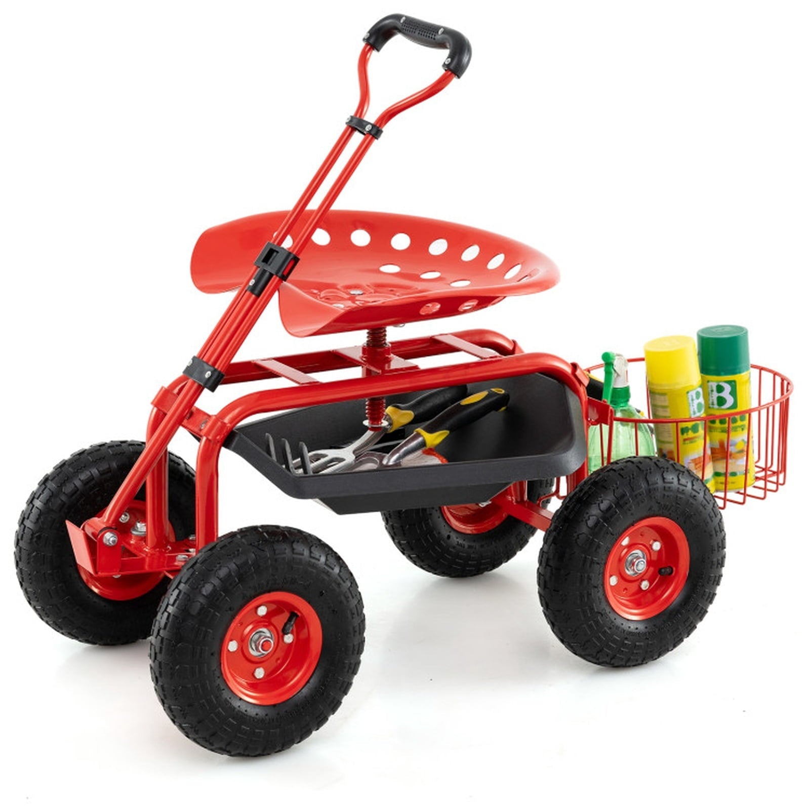 Biotree Heavy Duty Garden Cart with Tool Tray and 360 Swivel Seat for Garden Yard Lawn Work Outdoor, Red