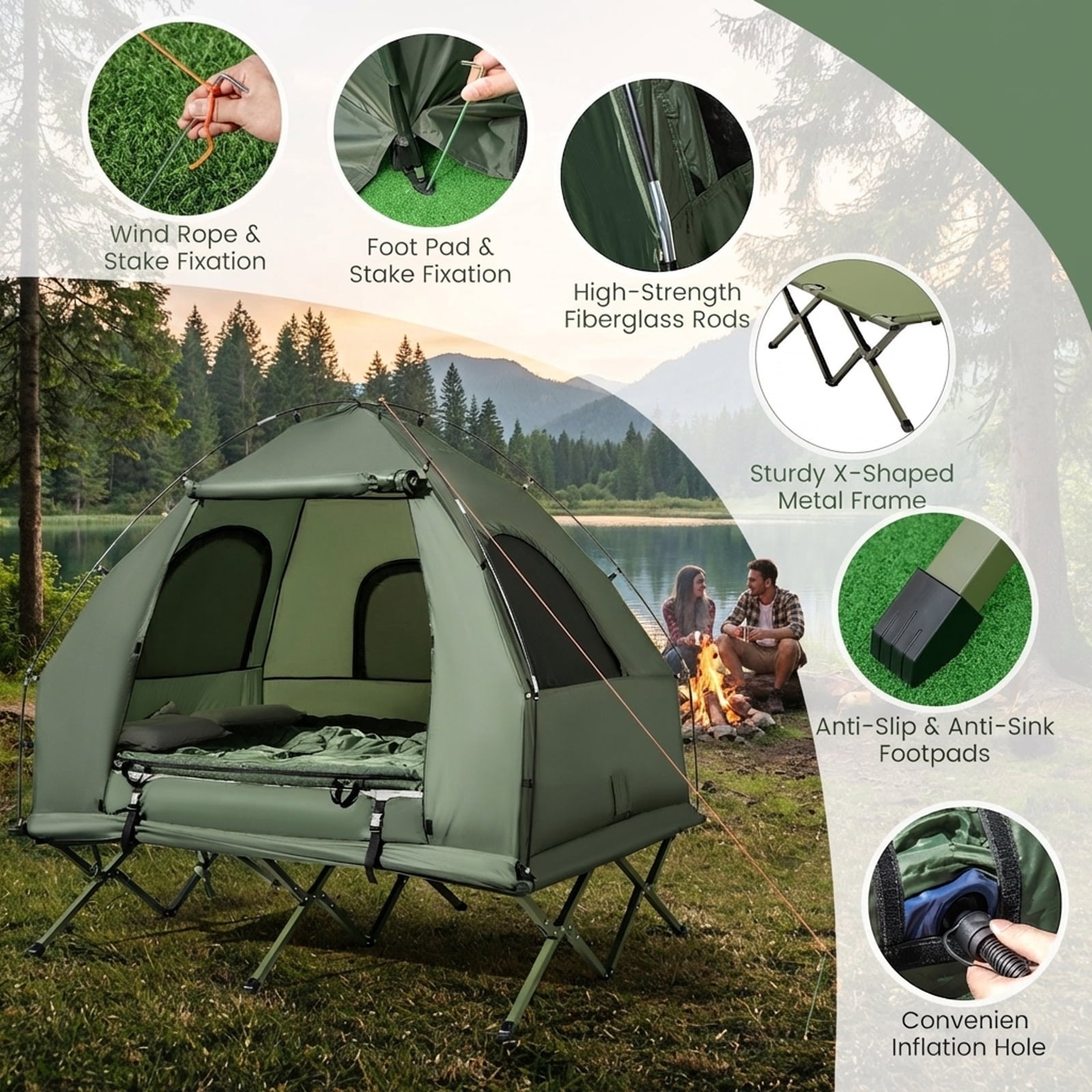 Biotree 2-Person Foldable Off-Ground Camping Cot Tent with Pop Up Shelter and Wheeled Carry Bag