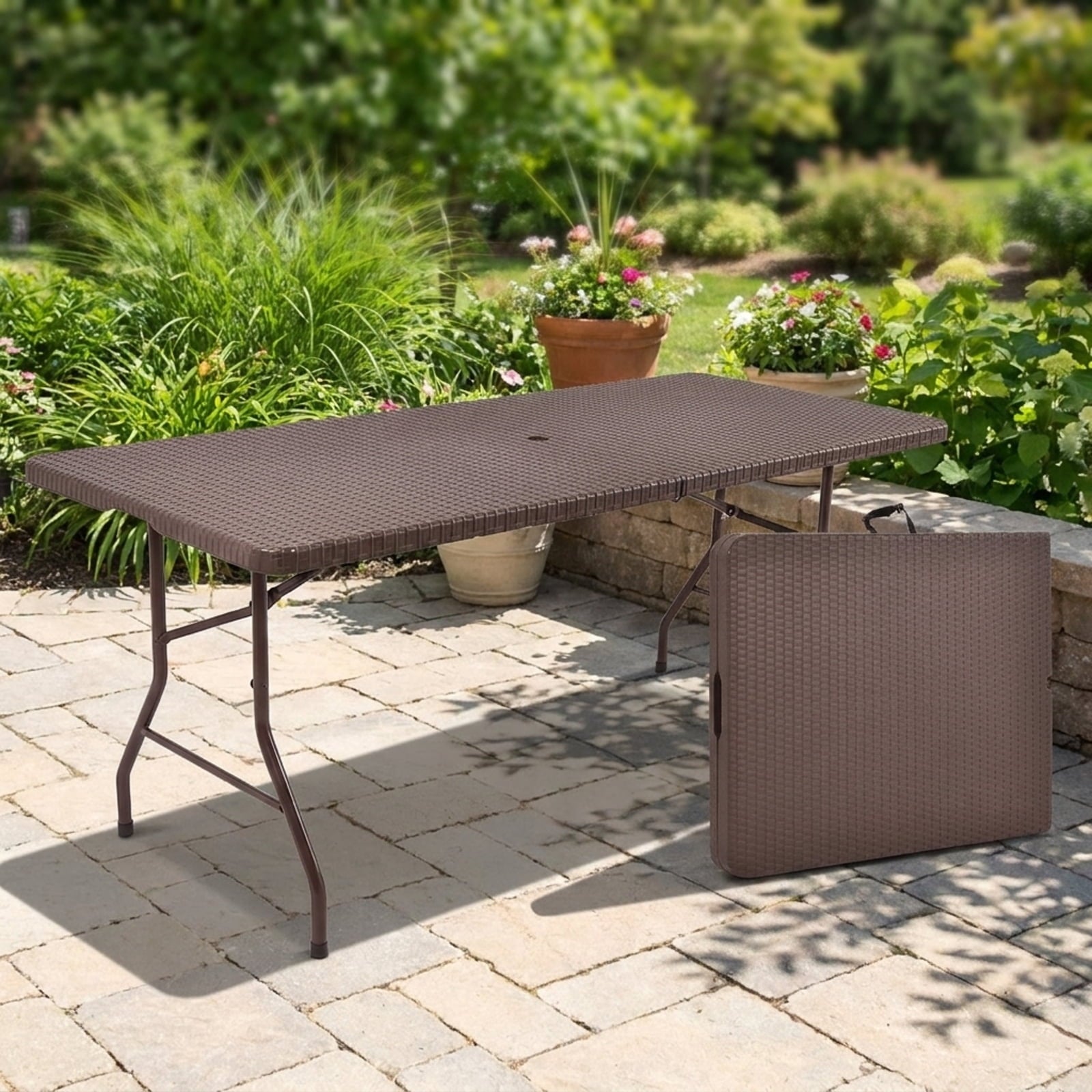 Biotree 6 Feet Folding Portable Rattan Table with Carrying Handle, Brown