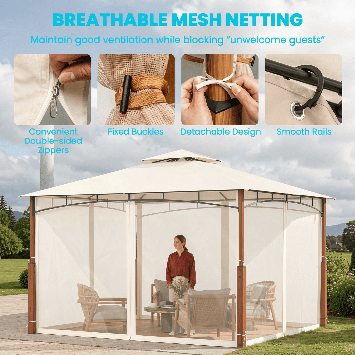 Biotree 12 x 10 Feet Outdoor Patio Gazebo with Netting and 2-Tier Canopy Roof Beige - Outdoor Patio Backyard Garden Shade Canopy Shelter
