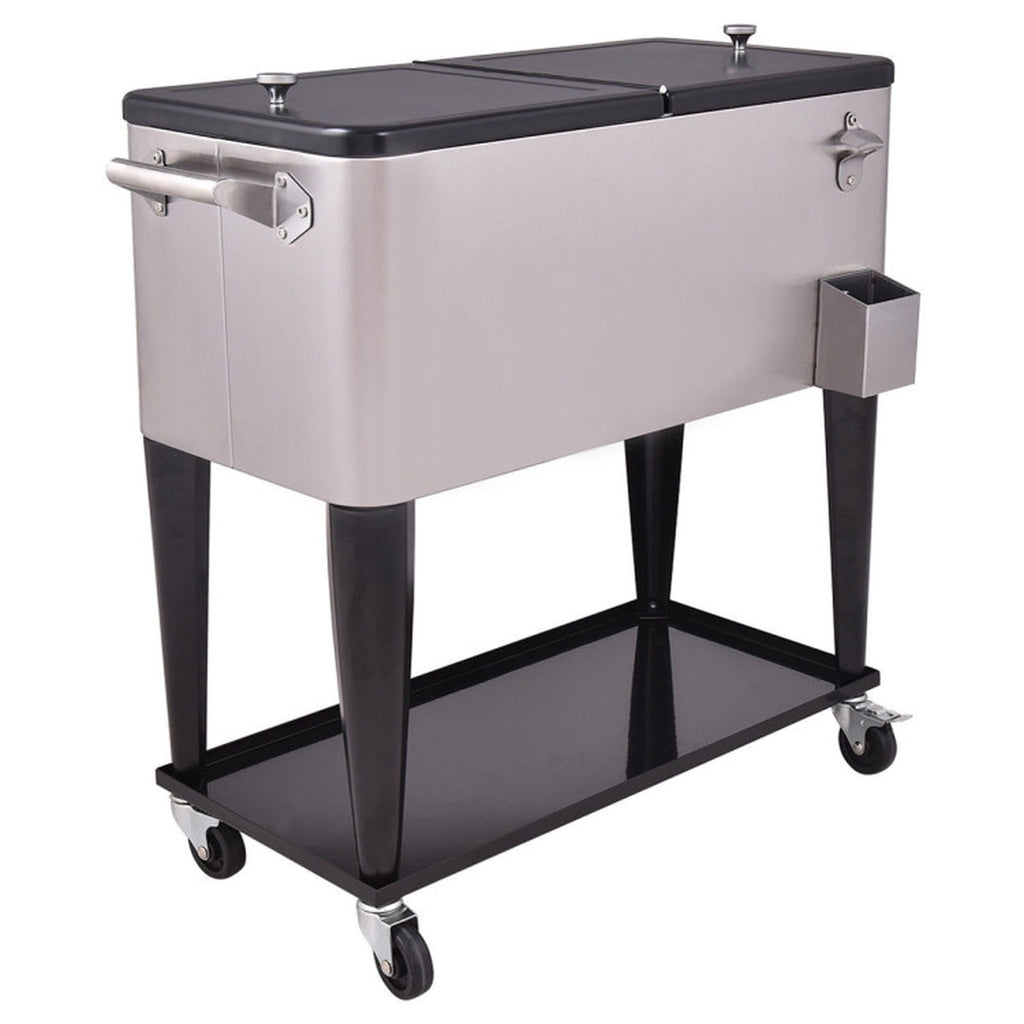 Biotree 80 Quart Patio Rolling Stainless Steel Ice Beverage Cooler with Shelf
