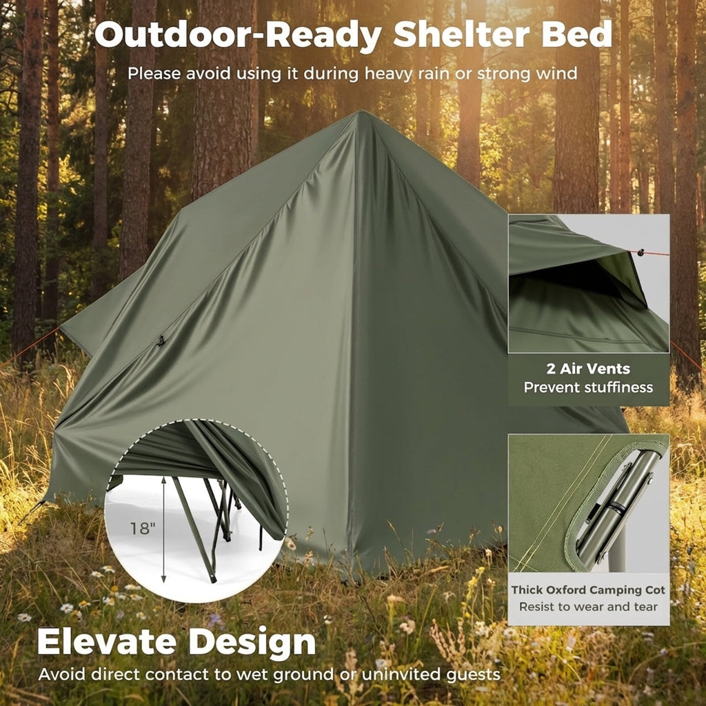 Biotree 2-Person Foldable Off-Ground Camping Cot Tent with Pop Up Shelter and Wheeled Carry Bag, Green