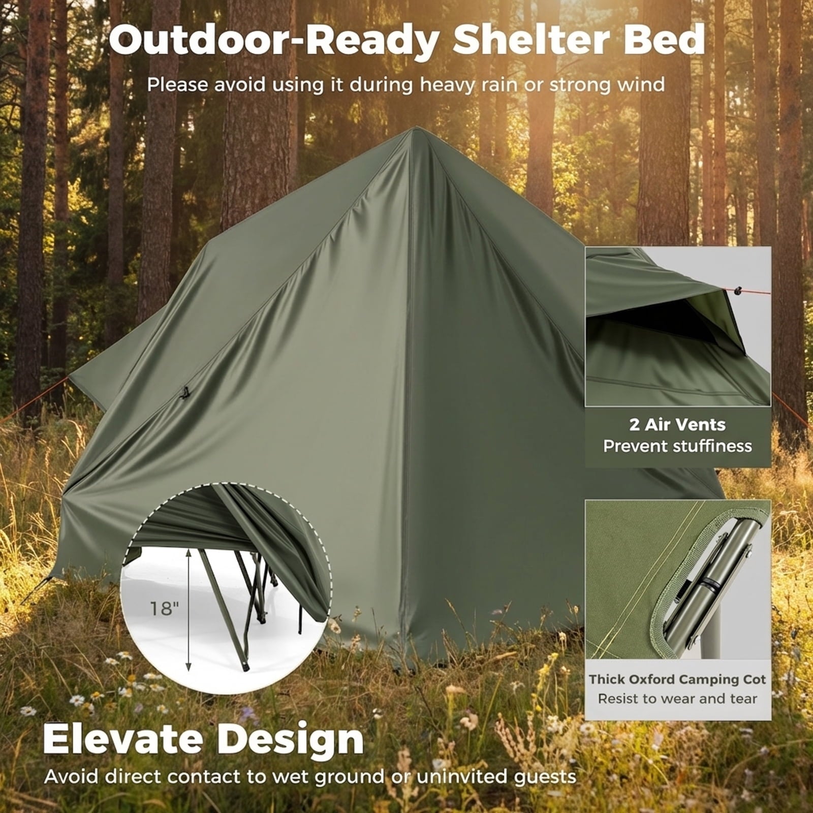 Biotree 2-Person Foldable Off-Ground Camping Cot Tent with Pop Up Shelter and Wheeled Carry Bag, Green