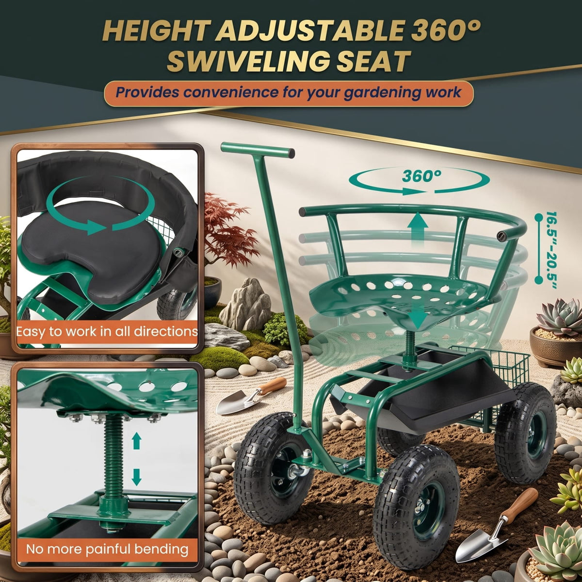 Biotree 330lbs Rolling Garden Cart with 360¡ã Height Adjustable Swivel Seat, Garden Scooter with Storage Basket, Tool Tray for Weeding Planting Gardening Green