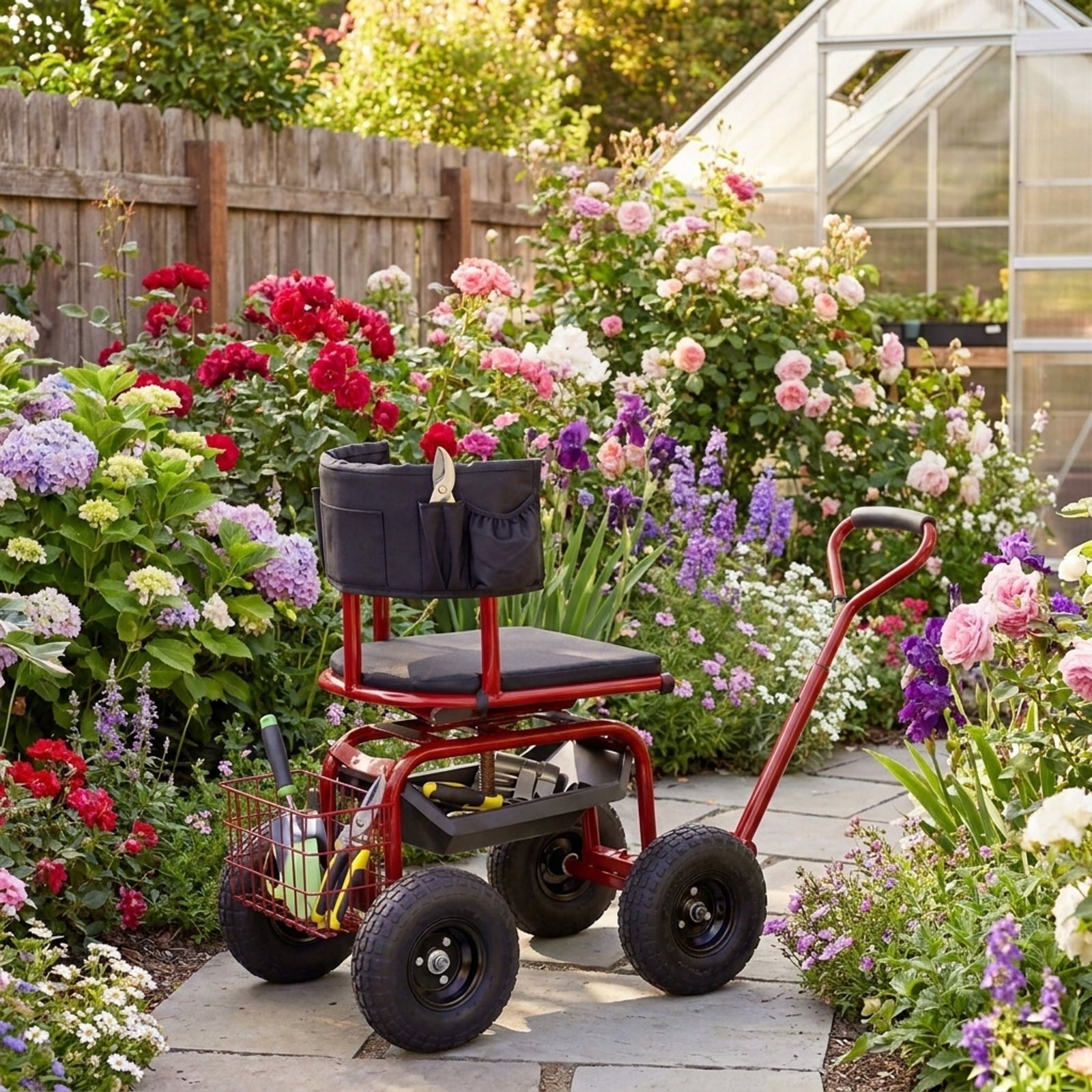 Biotree Cushioned Rolling Garden Cart Scooter with Storage Basket and Tool Pouch for Garden Yard Lawn Work Outdoor, Black