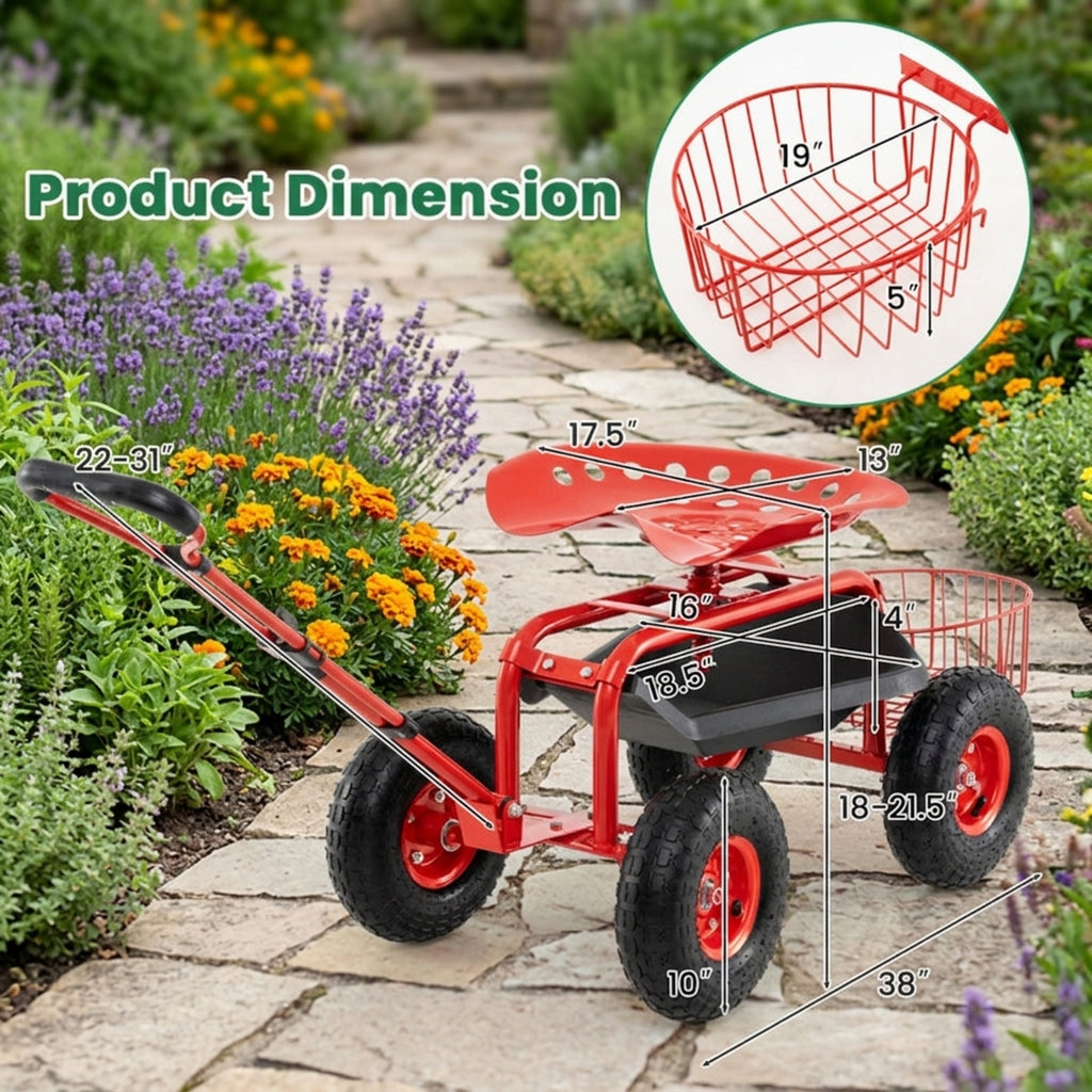 Biotree Rolling Garden Cart with 360¡ã Swivel Seat, Height Adjustable Garden Scooter, Heavy Duty Yard Cart with Tool Tray and Storage Basket for Gardening Weeding Yard Work Red