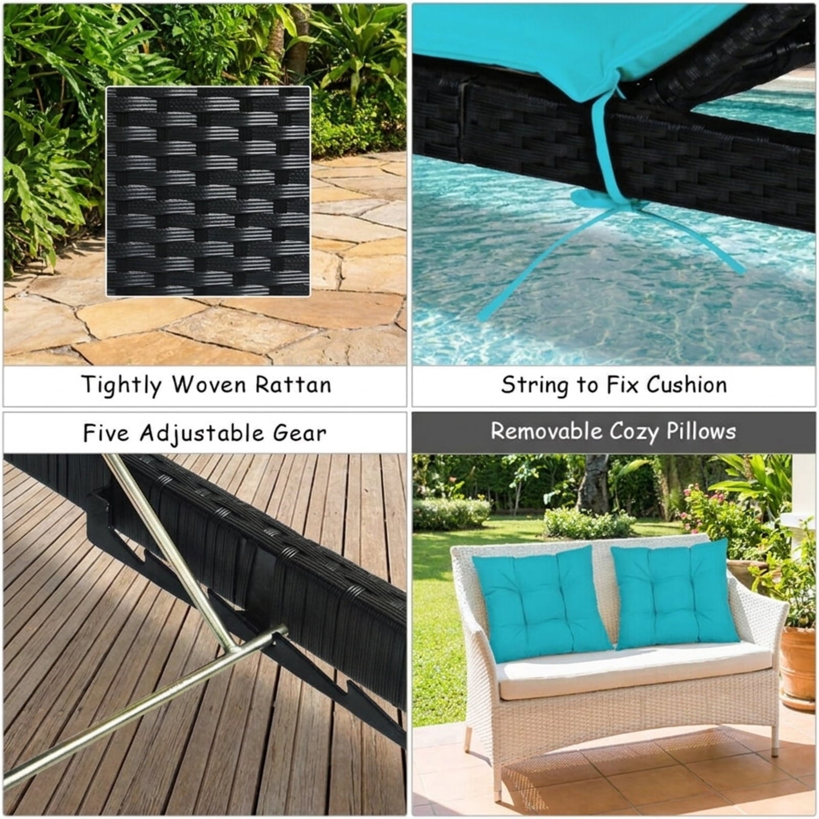 Biotree Patio Rattan Lounge Chair Back Adjustable Chaise Recliner with Cushioned Stackable Patio Chair for Garden BackyardTurquoise