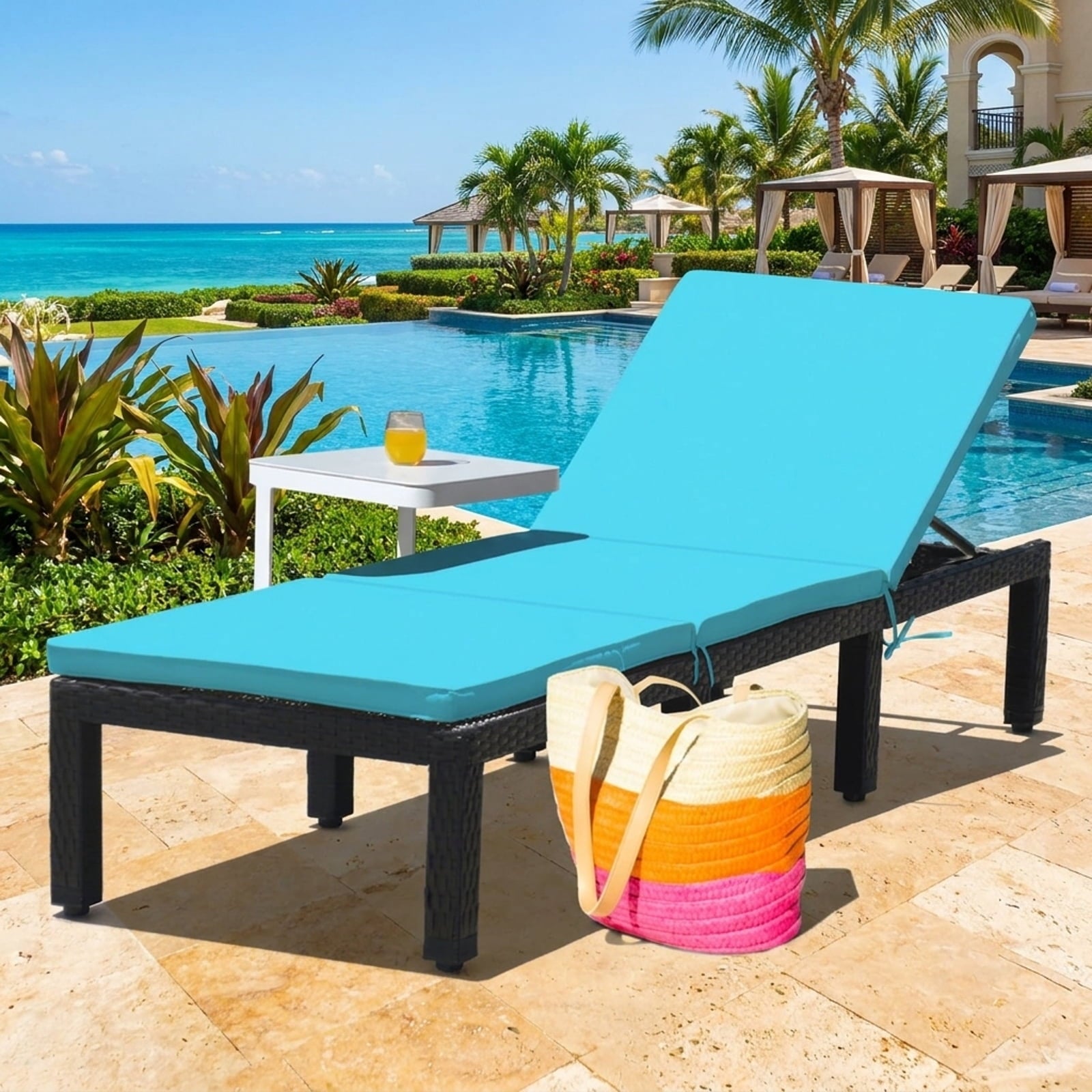Biotree Patio Rattan Cushioned Height Adjustable Lounge Chair Stackable Patio Chair for Garden BackyardBlue