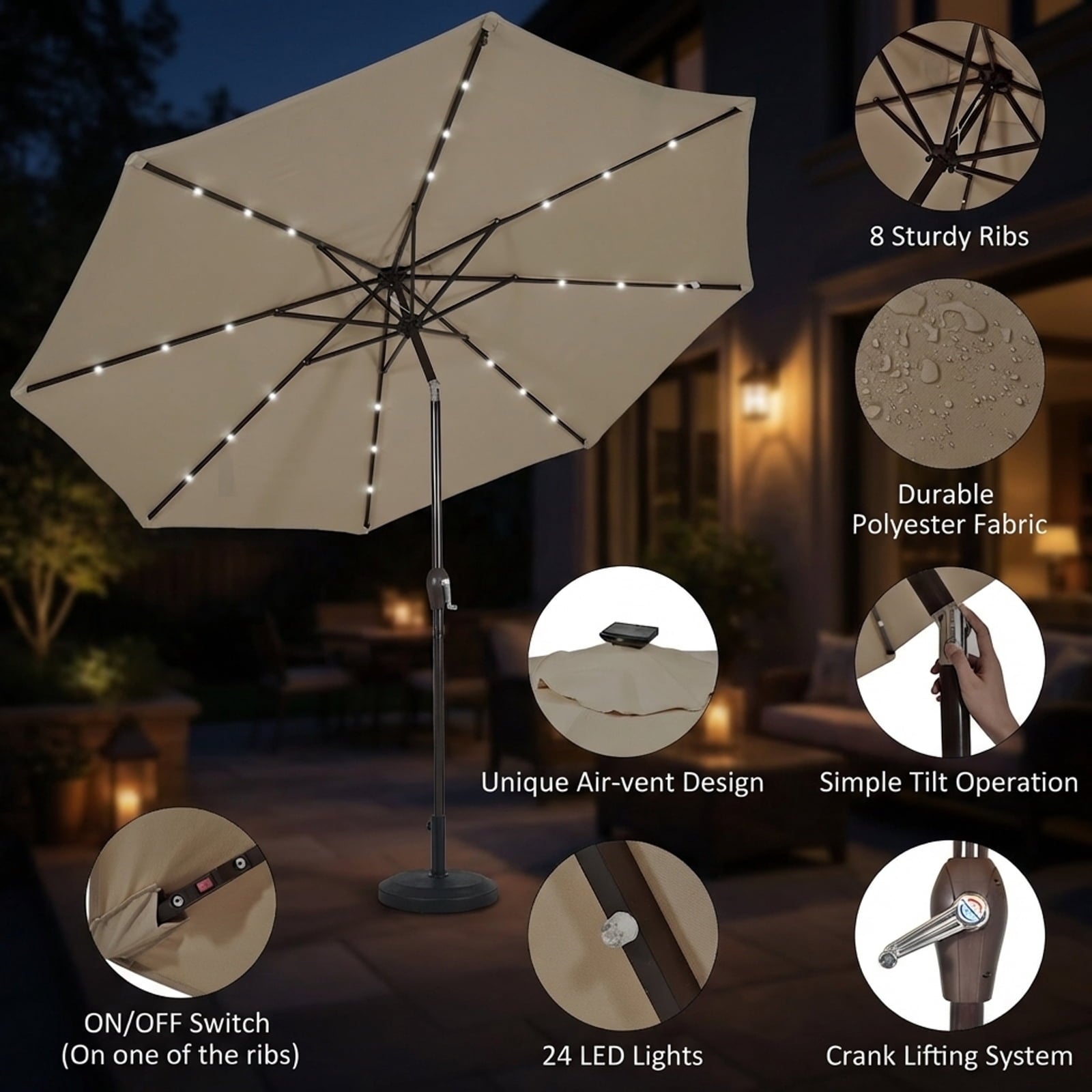 Biotree 10 Solar LED Lighted Patio Market Umbrella Shade Tilt Adjustment Crank-Tan Outdoor Backyard