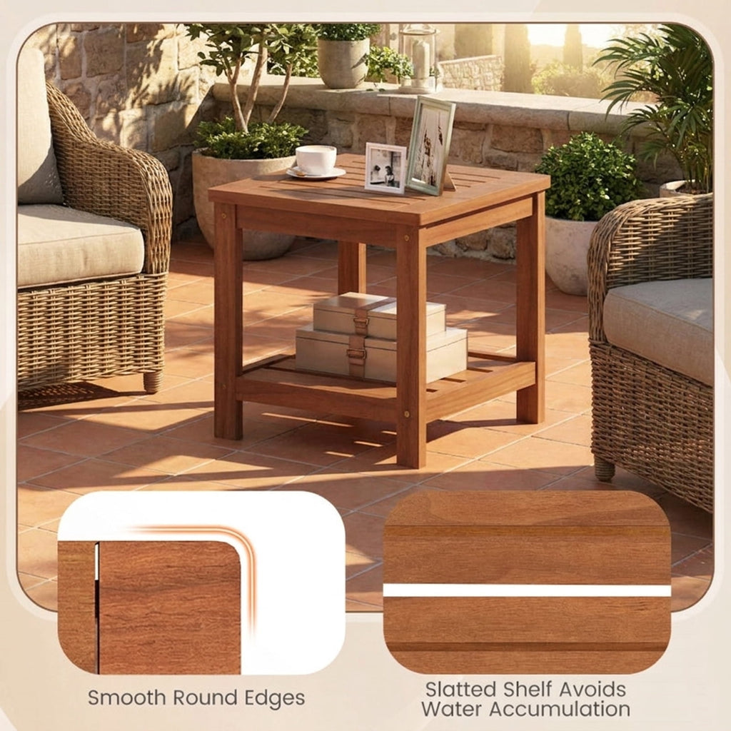 Biotree 2-Tier Outdoor Side Table with Storage Shelf for Patio, Natural