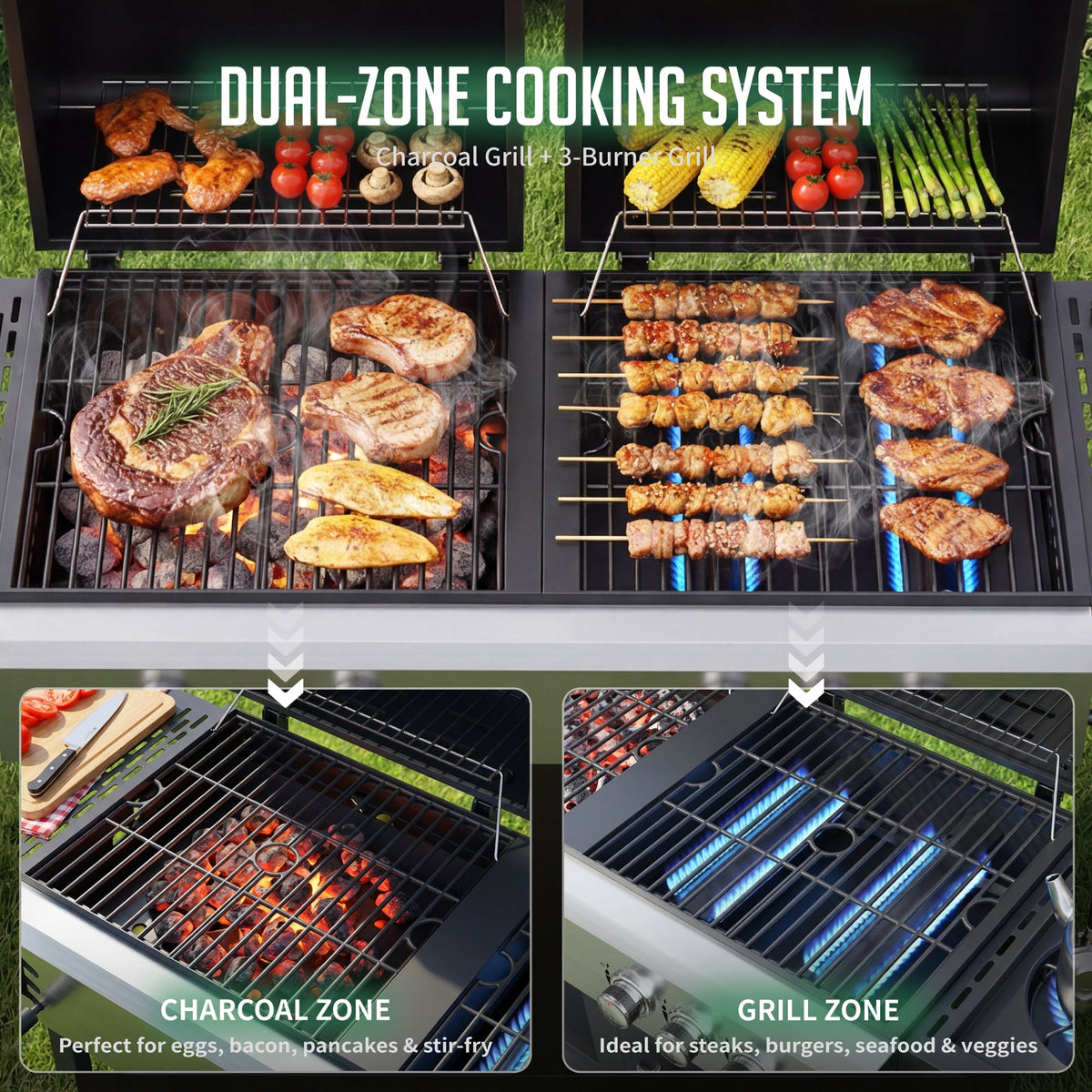 Biotree 3-Burner Gas and Charcoal Grill Combo, Dual Fuel 54,000 BTU BBQ Propane Grill with Side Burner for Backyard BBQ, Outdoor Cooking & Camping