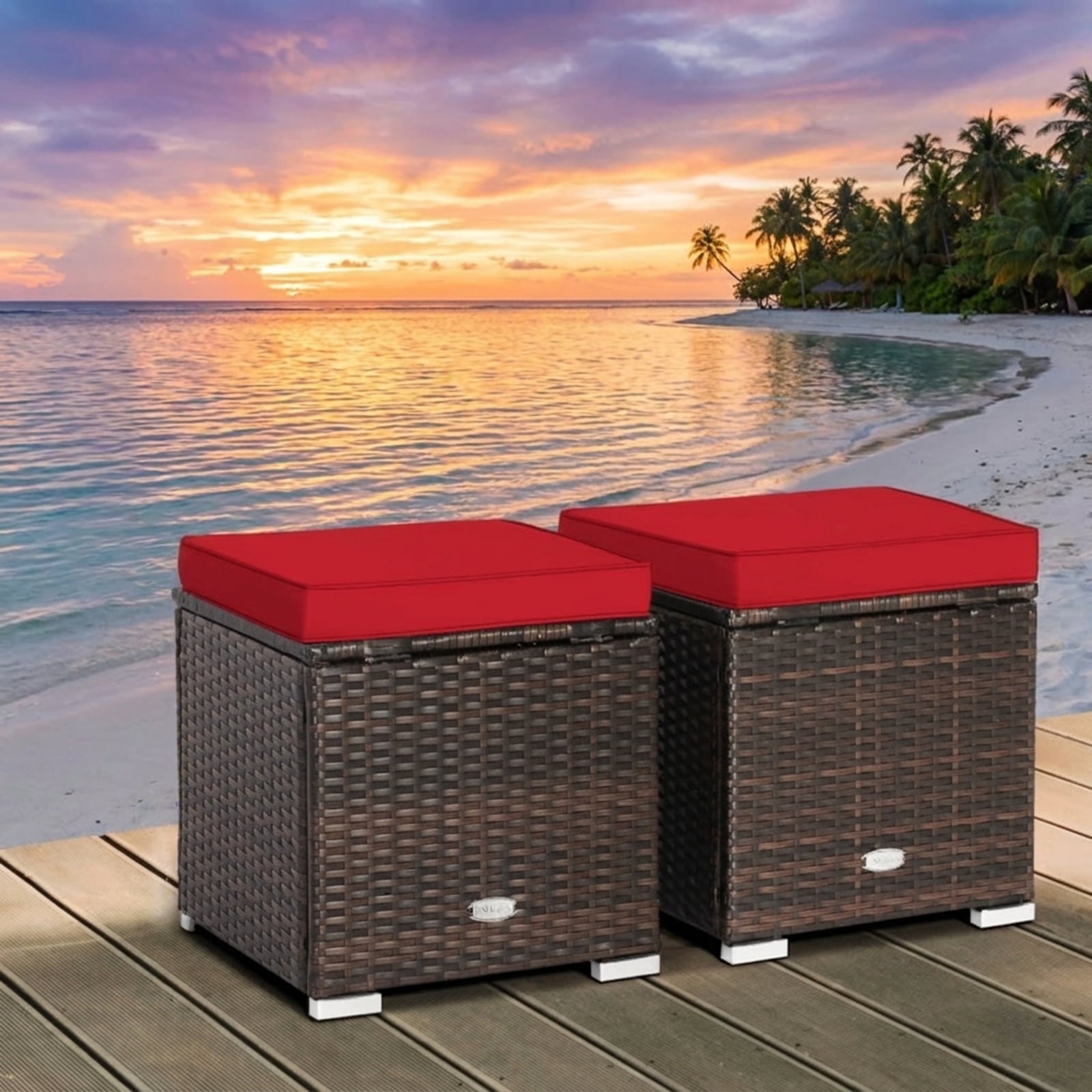 Biotree 2 Pieces Patio Ottoman with Removable Cushions Stackable Patio Chair for Garden BackyardRed