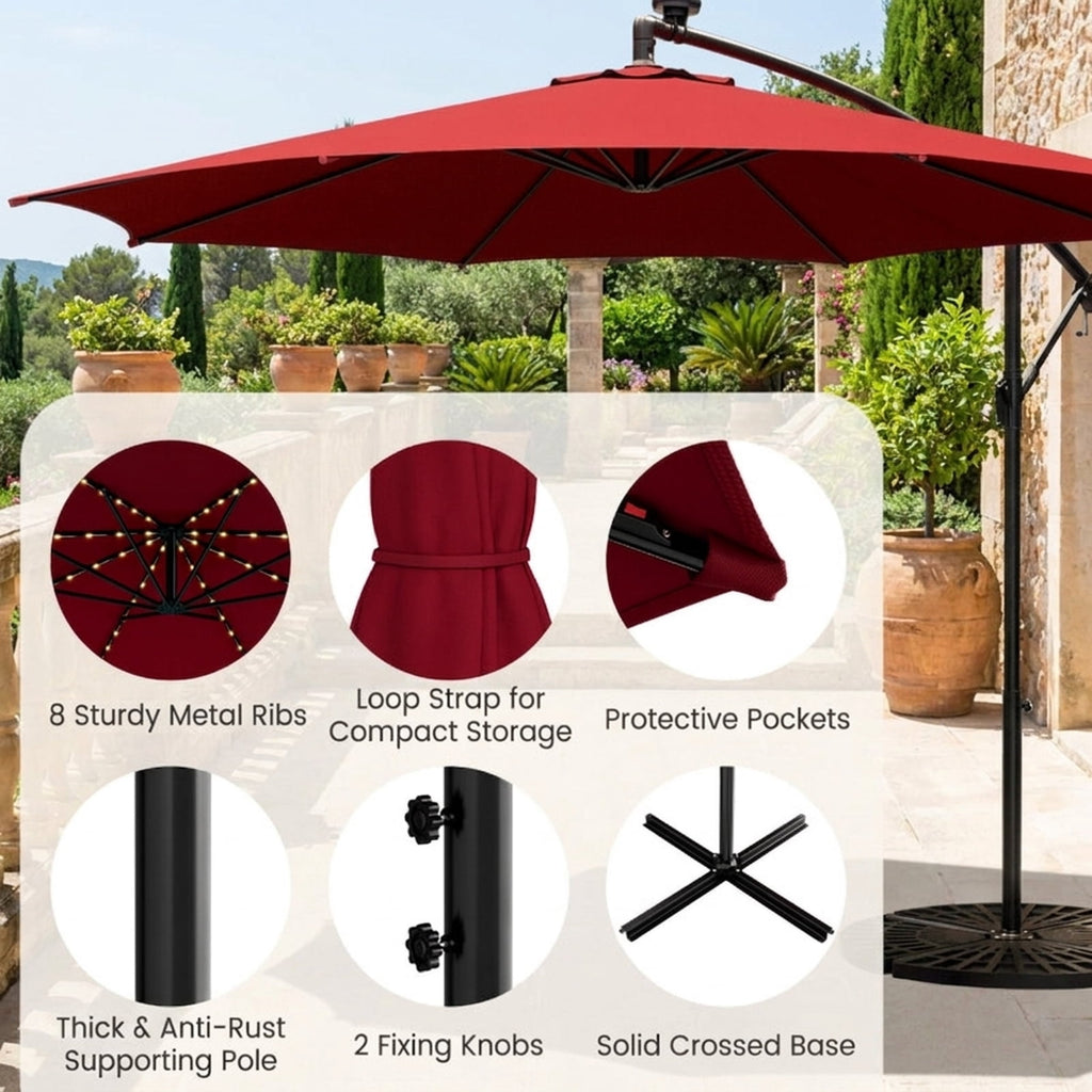Biotree 10 ft Cantilever Offset Patio Umbrella Solar LED Lights Outdoor Shade - Red - UV Protection with Cross Base