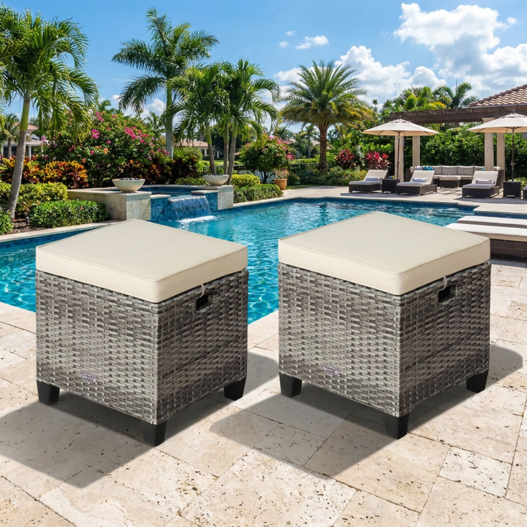 Biotree 2 Pieces Patio Rattan Ottoman Seat with Removable Cushions Stackable Patio Chair for Garden BackyardBeige