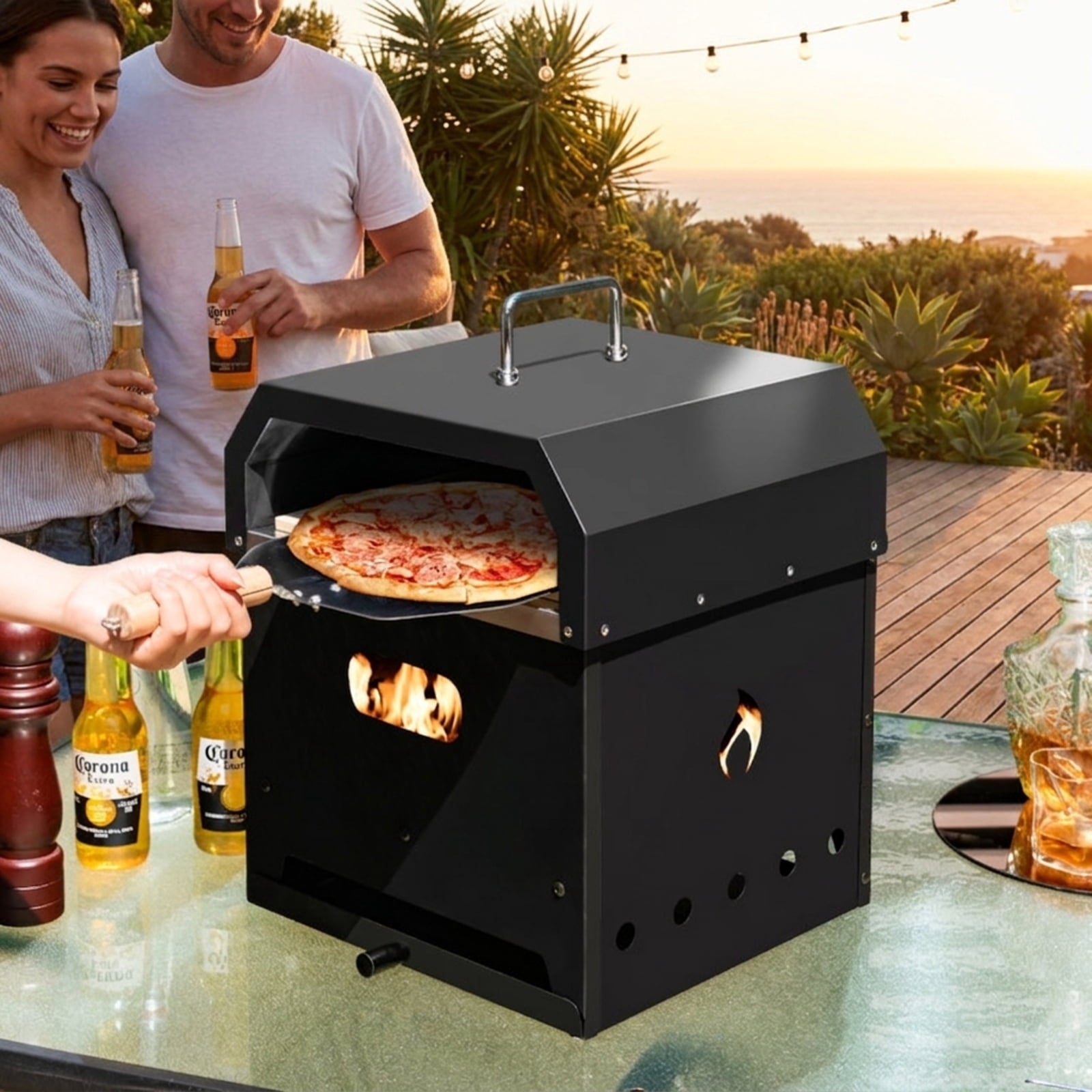 Biotree 4-in-1 Outdoor Portable Pizza Oven with 12 Inch Pizza Stone for Outdoor Backyard Camping Patio BBQ, Black