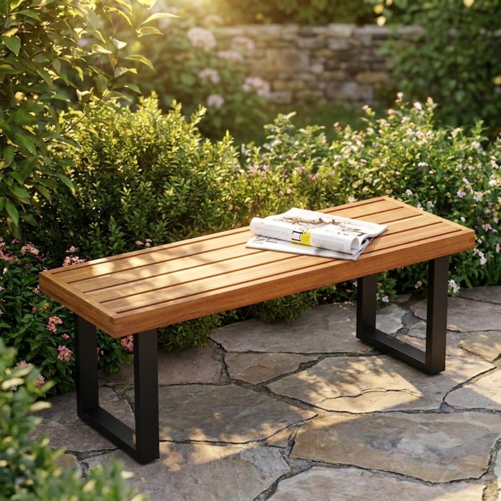 Biotree 3 Pieces Patio Dining Table Set 63¡± Rectangle Table and 2 Backless Bench Outdoor Conversation Set for Garden Backyard PorchNatural+Black