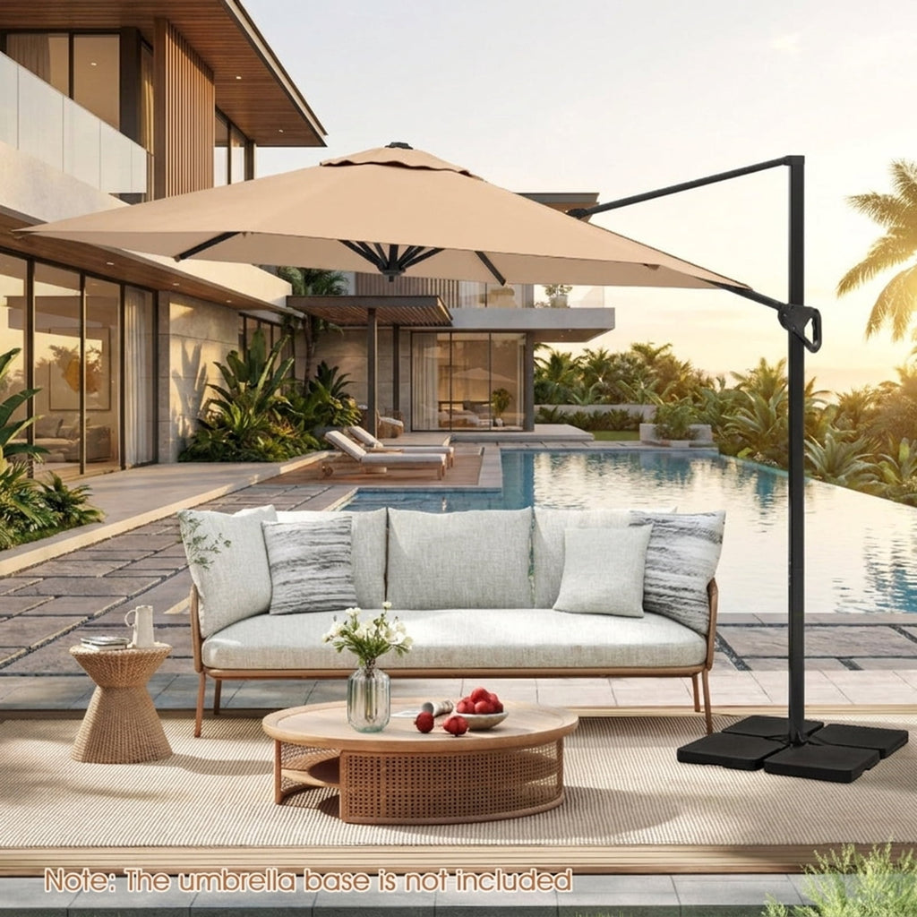 Biotree 9 ft Cantilever Patio Umbrella Offset Hanging with Cross Base, 8 Ribs - Beige for Backyard Garden Poolside