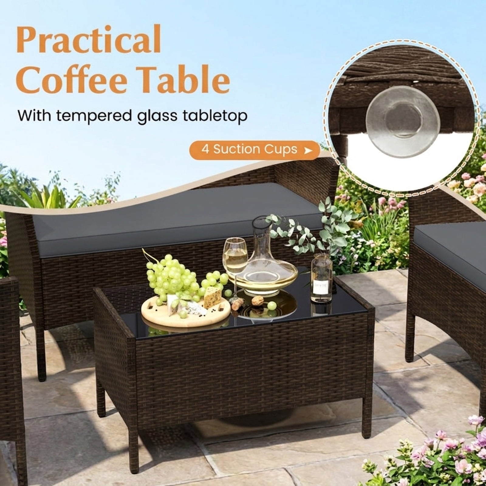 Biotree 4 Piece Patio Rattan Conversation Set with Cozy Seat Cushions Outdoor Conversation Set for Garden Backyard PorchGray