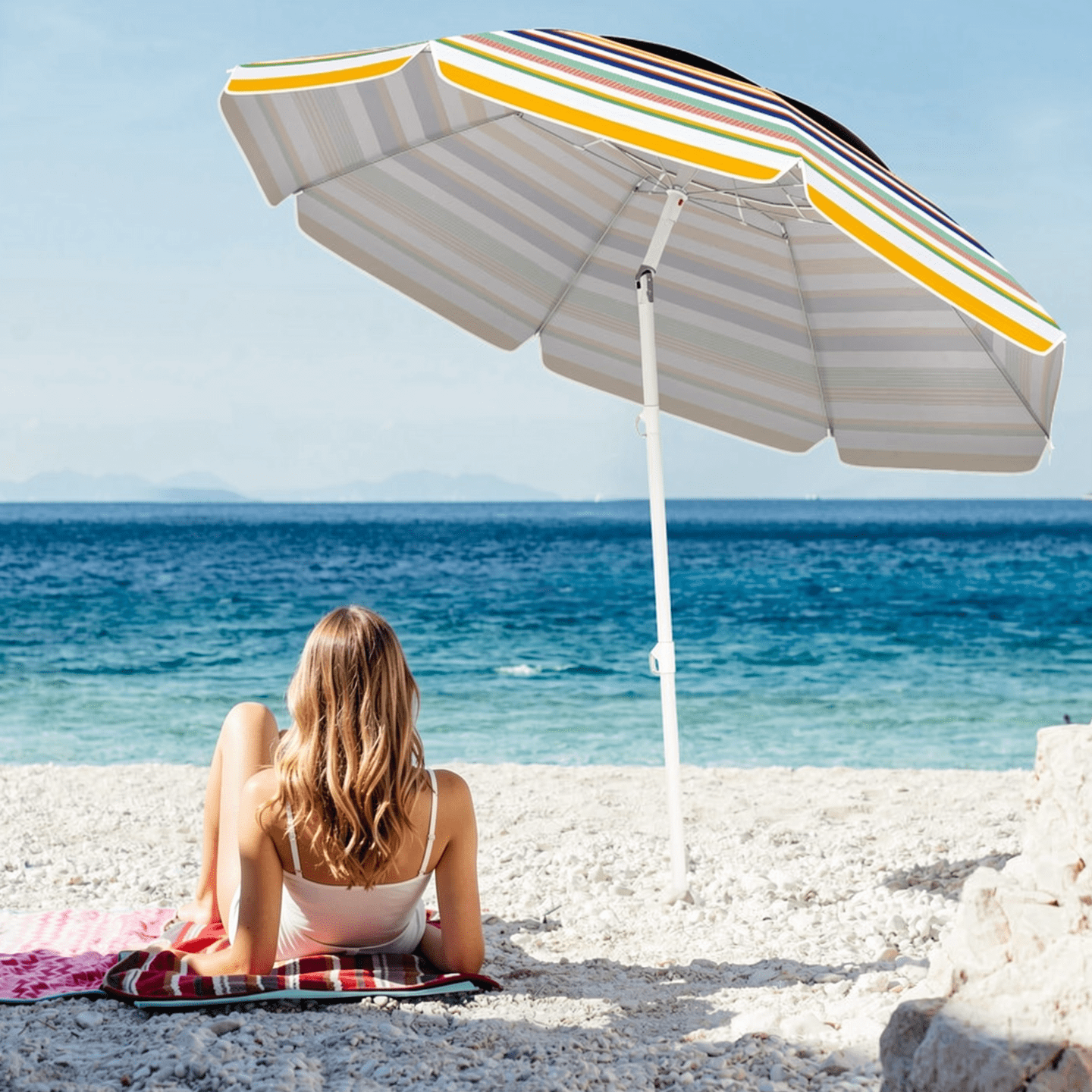 Biotree 6.5 Feet Beach Umbrella with UPF50+ Sun Protection and Push Button Tilt-Colorful - Portable Sun Shade for Beach Pool Backyard