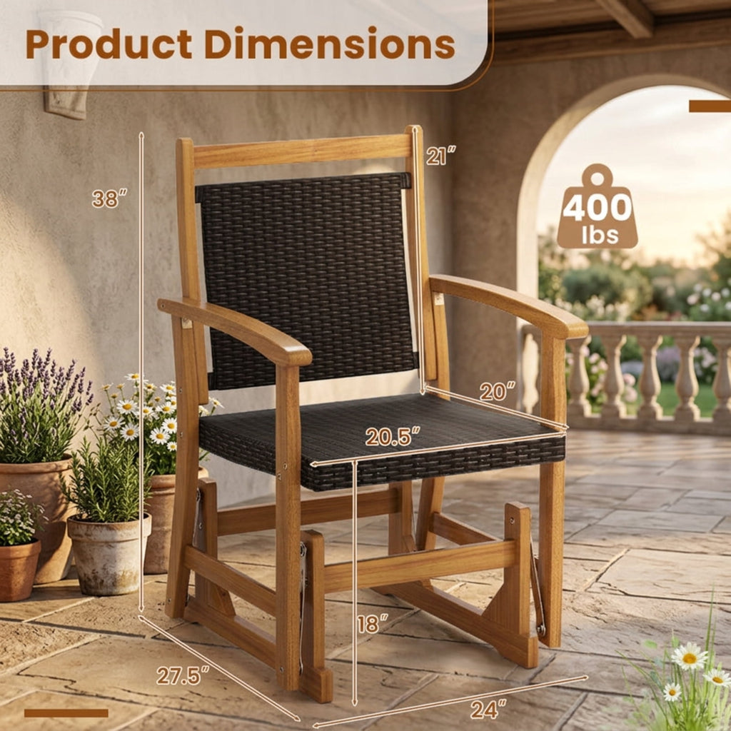 Biotree Patio Rattan Glider Chair with Acacia Wood Frame and Wicker Seat Back Stackable Patio Chair for Garden BackyardMix Brown