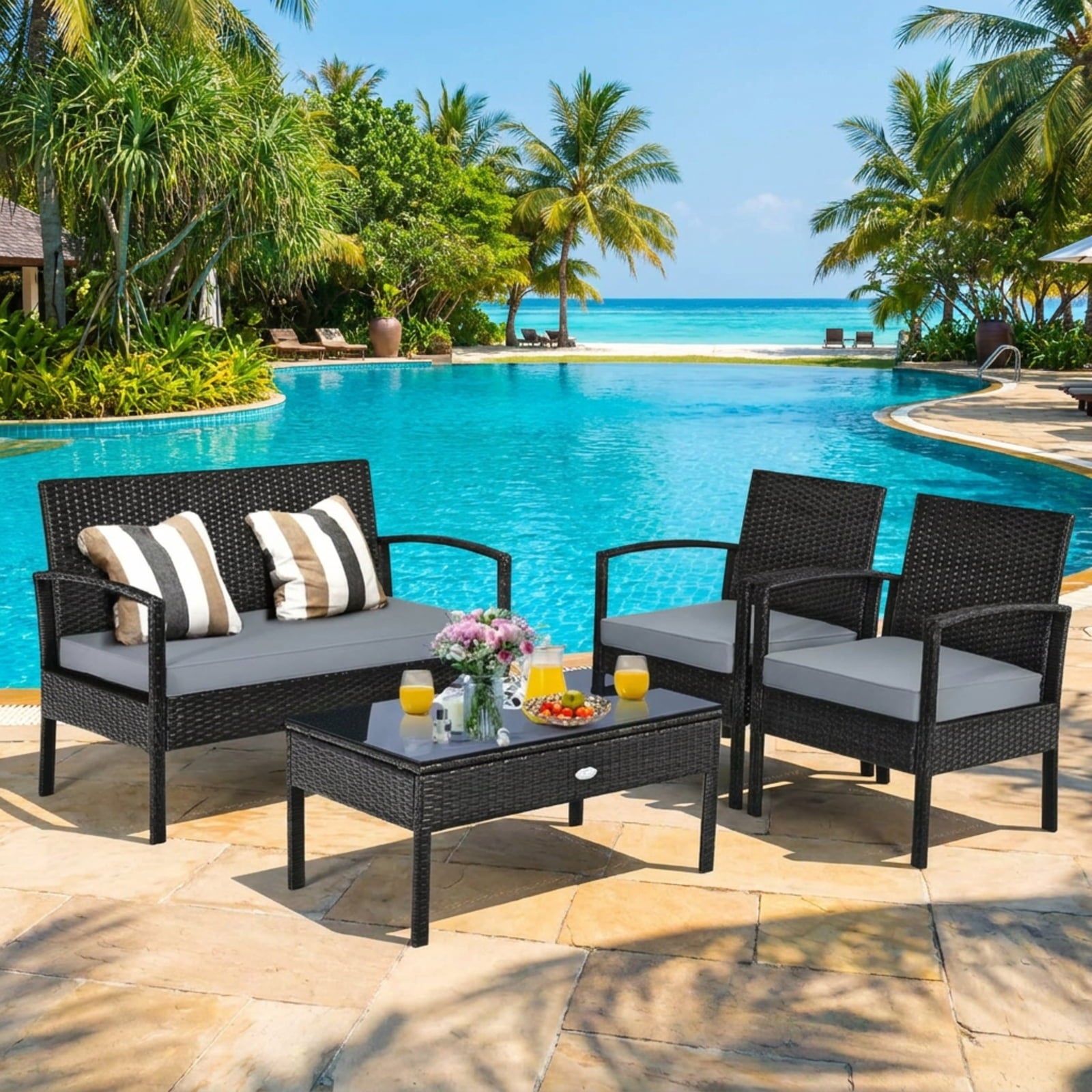 Biotree 4 Pieces Patio Rattan Cushioned Furniture Set Outdoor Conversation Set for Garden Backyard PorchGray