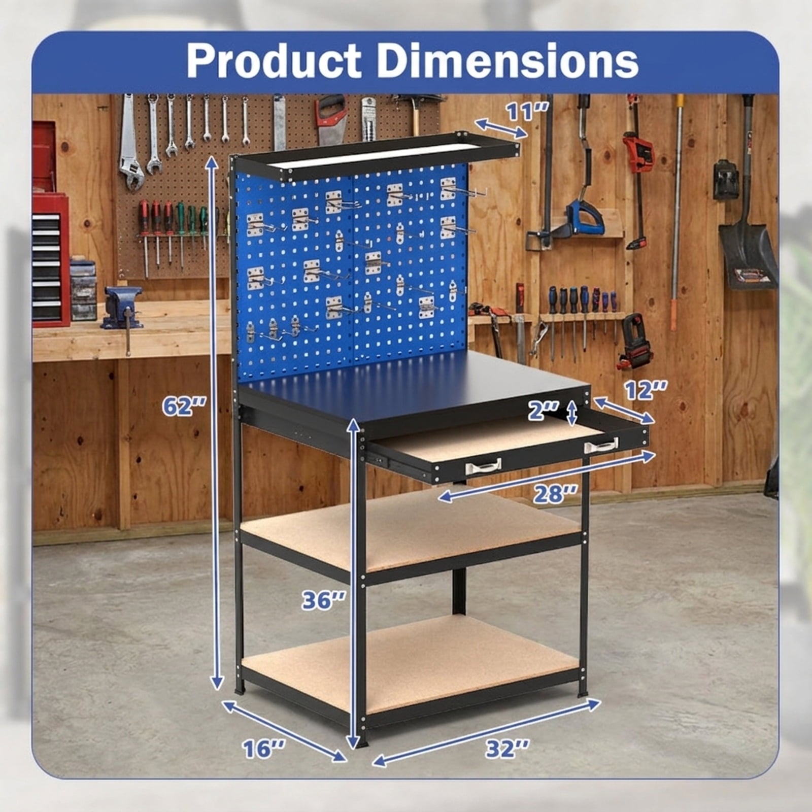 Biotree 32 x 16 Inch Workbench with Pegboard 2 Drawers and Shelves 220 lbs - Navy